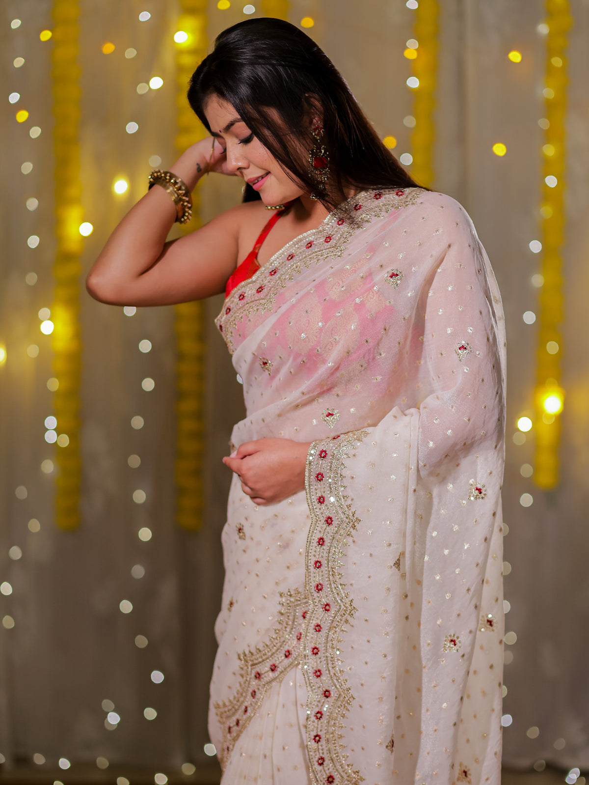Tissue Sequin Saree With Scallop Border- White