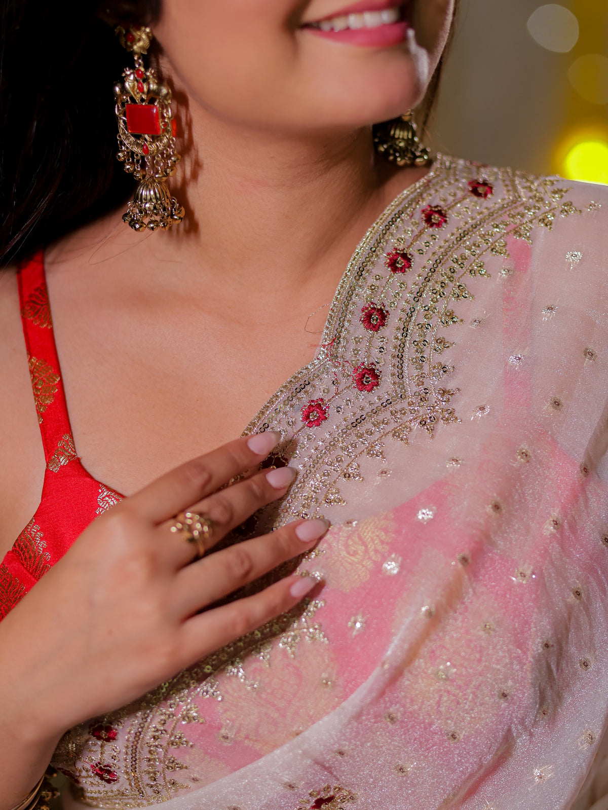 Tissue Sequin Saree With Scallop Border- White