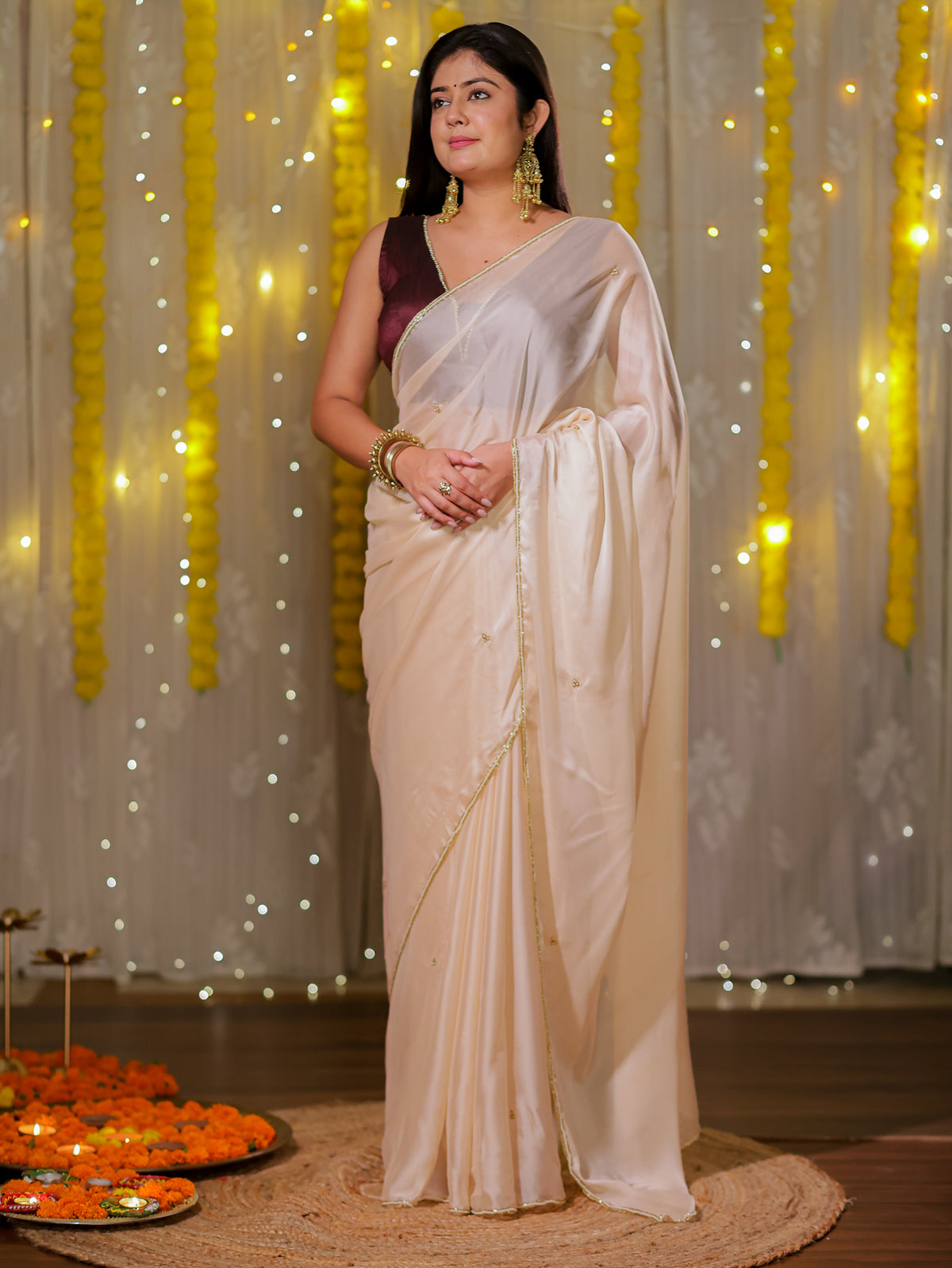 Satin Saree with Border - Off White