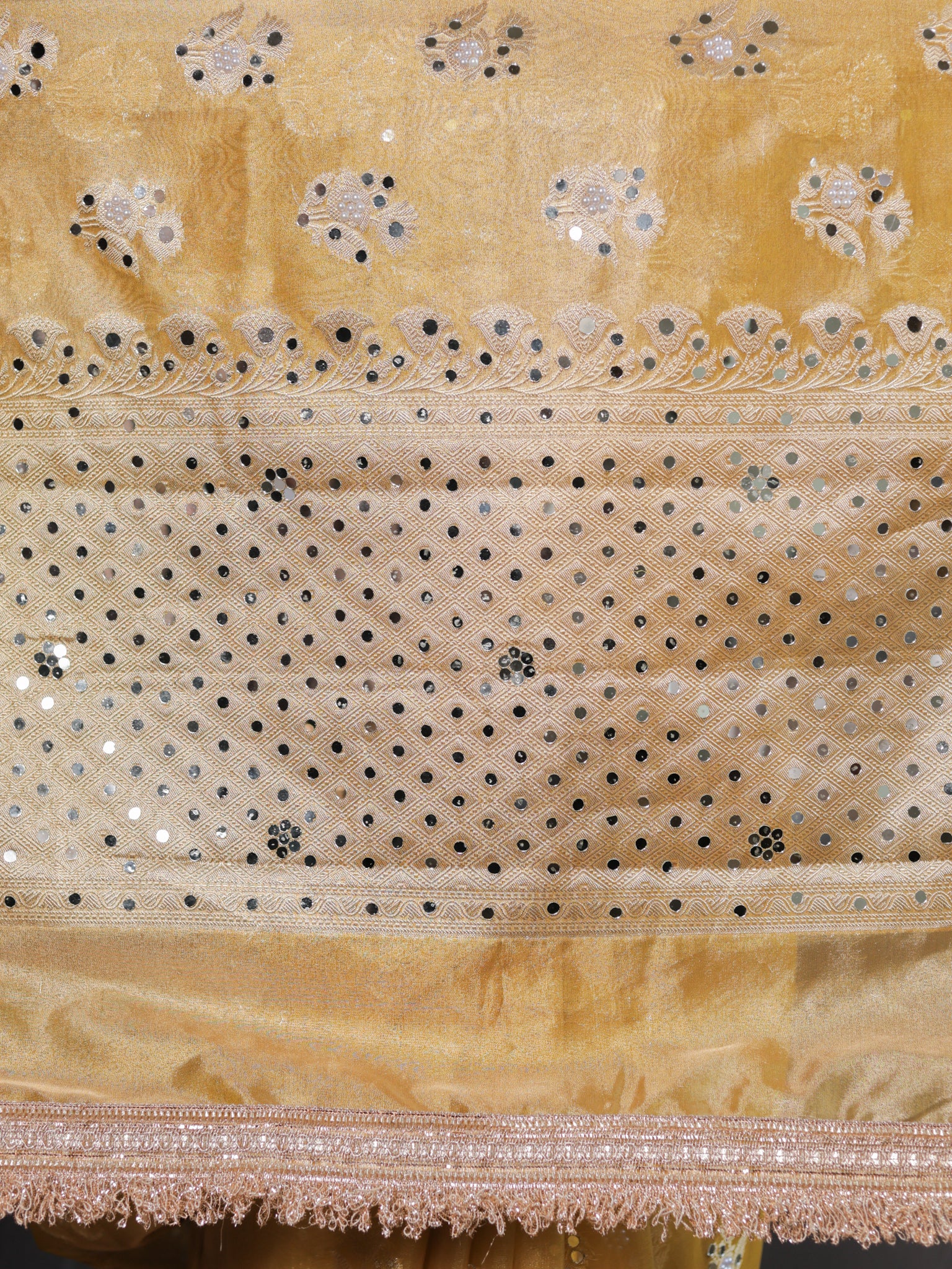 Banarasi Mirror Work Tissue Saree with Lace Border - Yellow