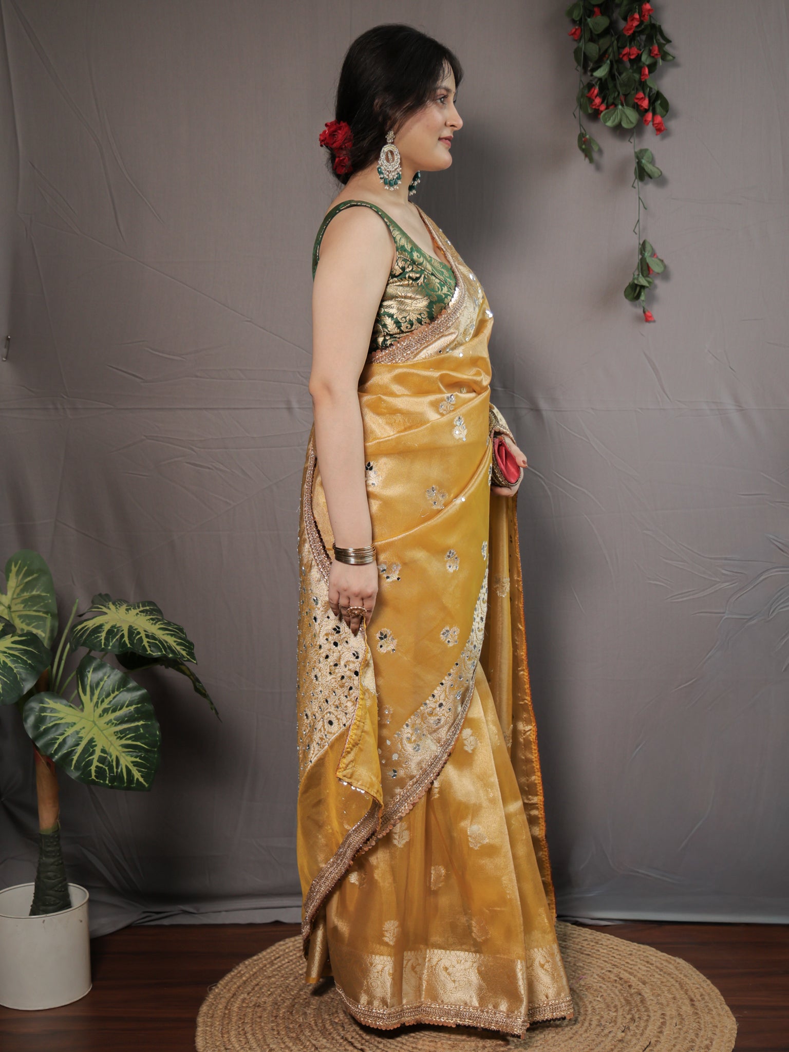 Banarasi Tissue Saree With Mirror Work & Lace Border- Yellow