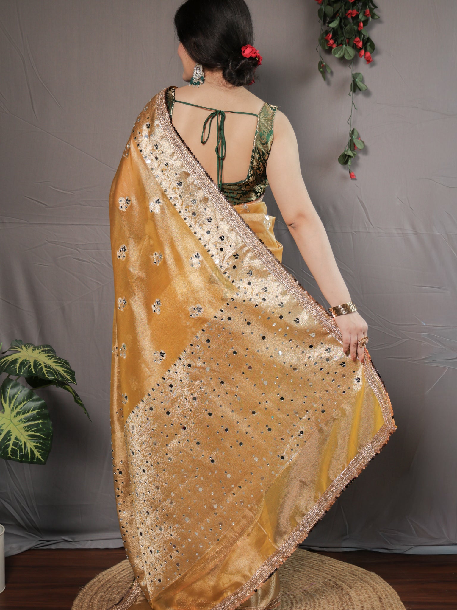 Banarasi Tissue Saree With Mirror Work & Lace Border- Yellow
