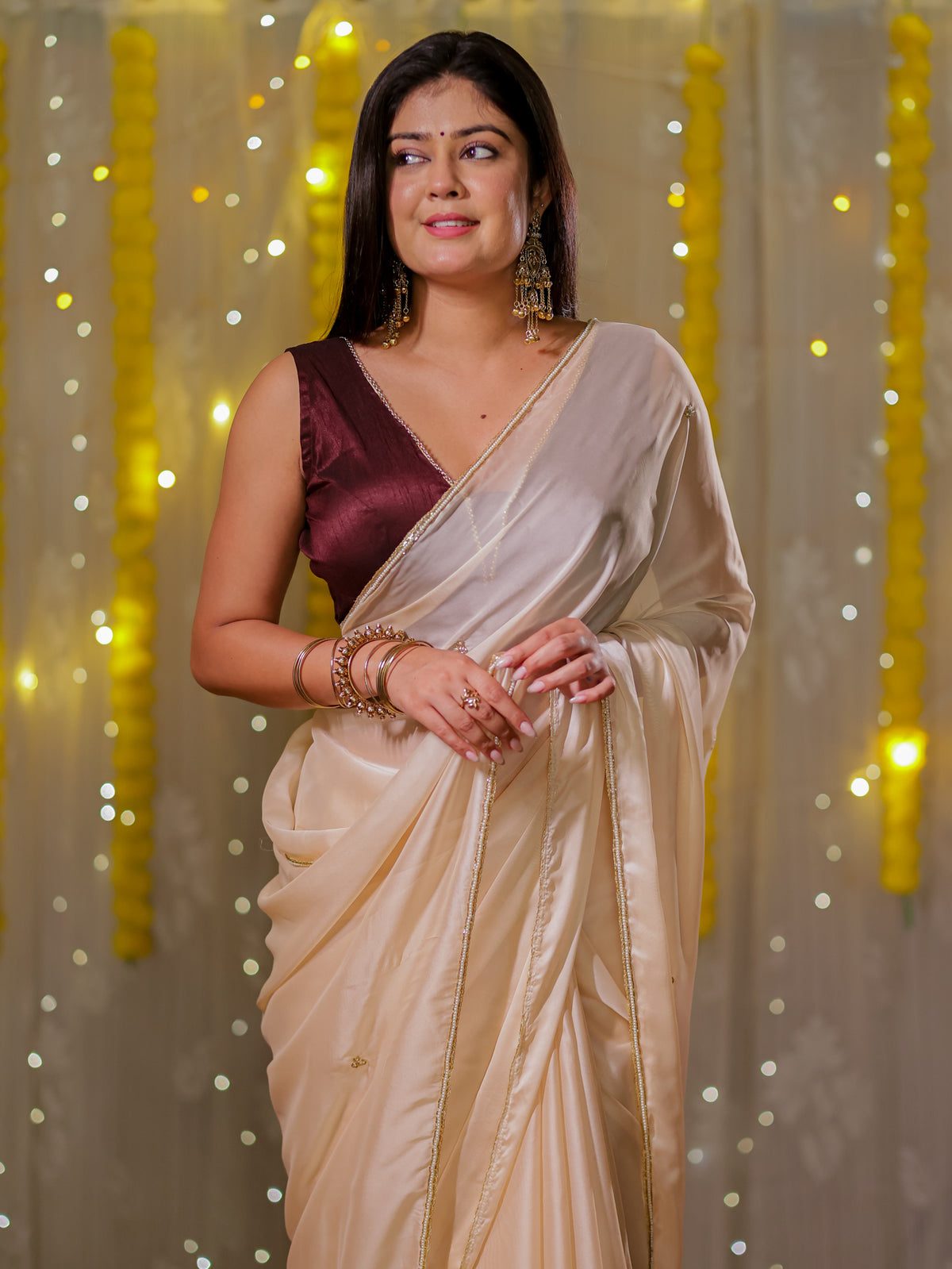 Satin Saree with Border - Off White