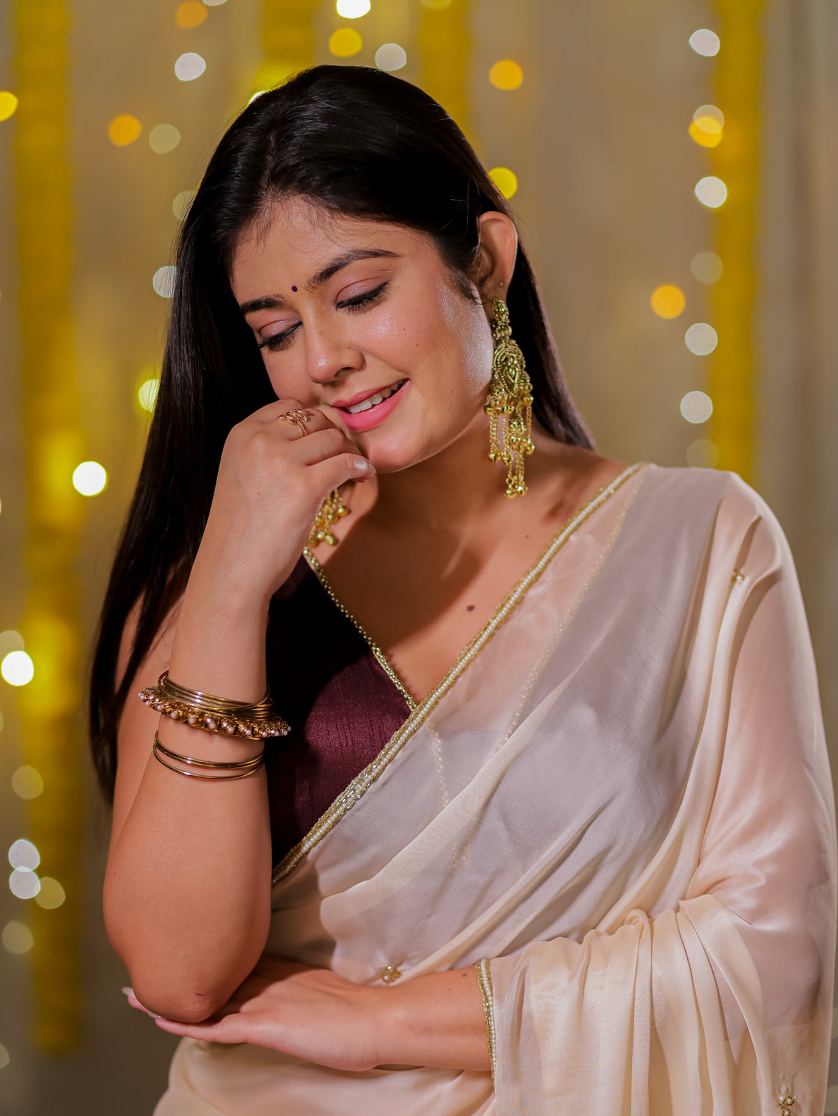 Satin Saree with Border - Off White