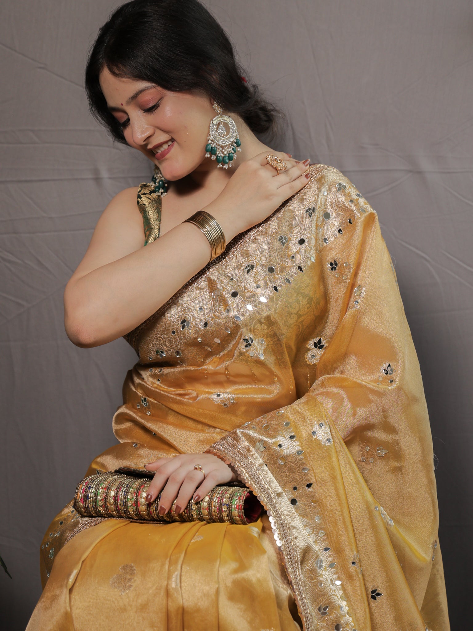 Banarasi Tissue Saree With Mirror Work & Lace Border- Yellow