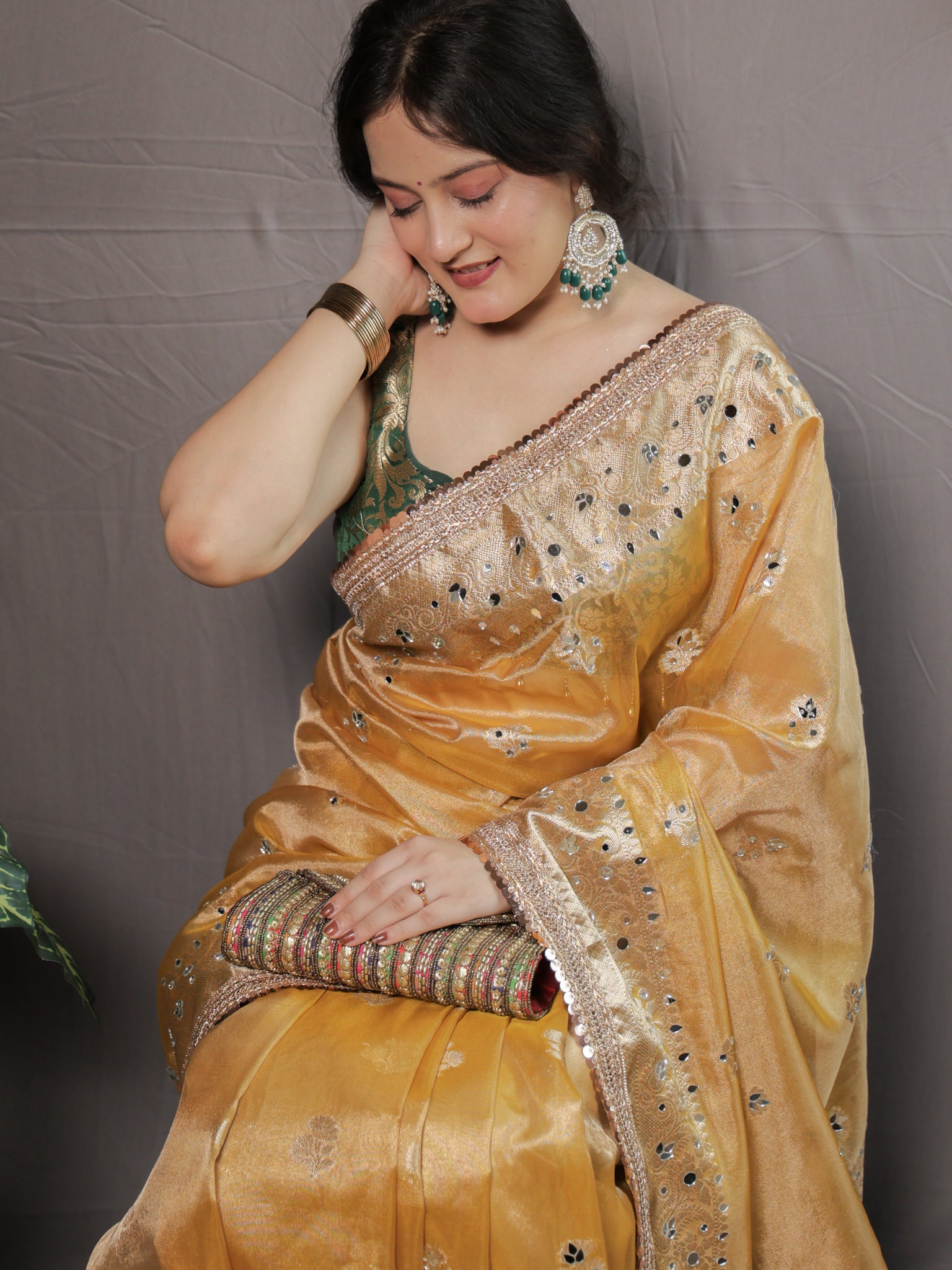 Banarasi Tissue Saree With Mirror Work & Lace Border- Yellow