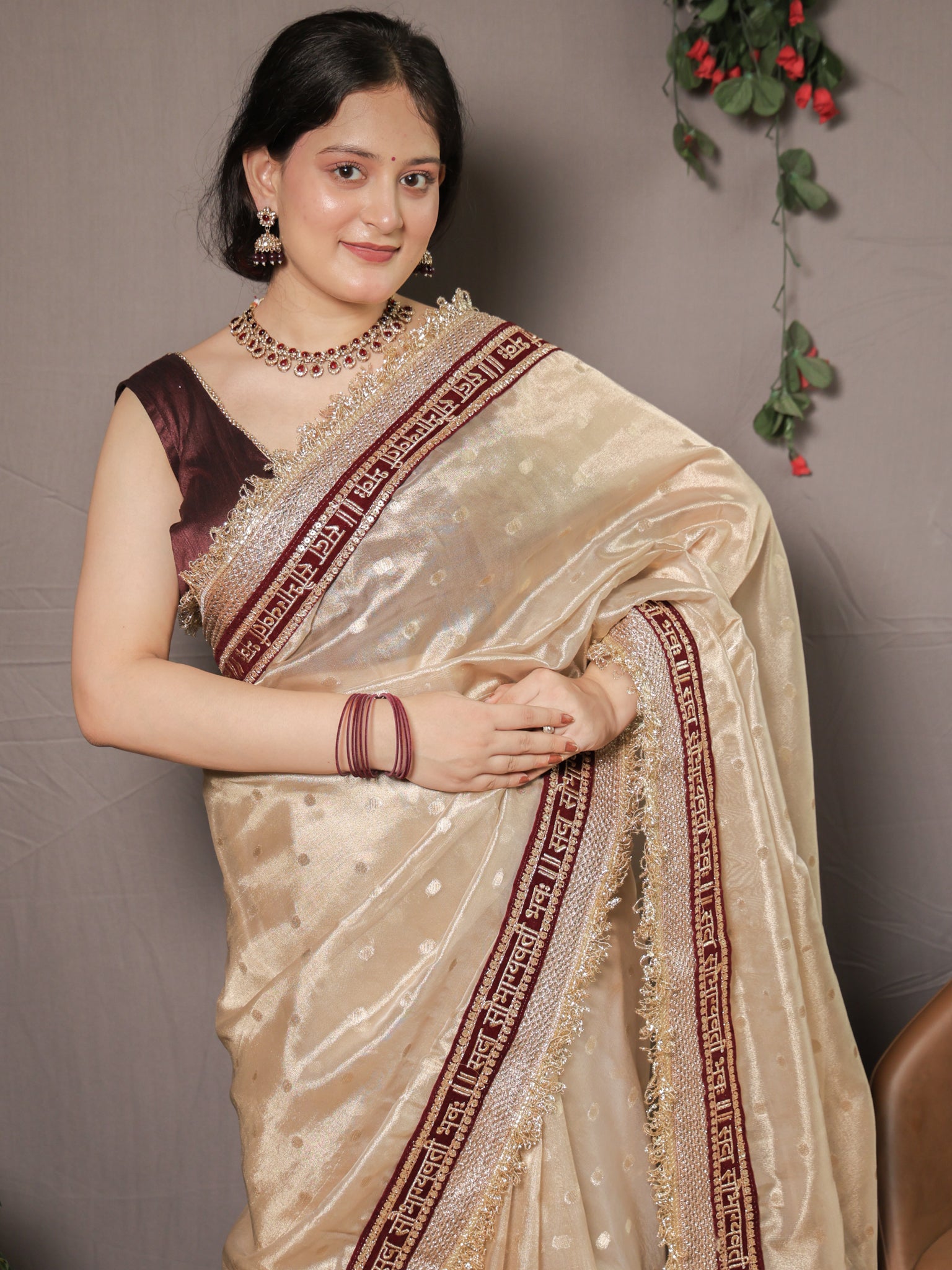 Banarasi Tissue Saree With Zari Weaving & Lace Border - Beige