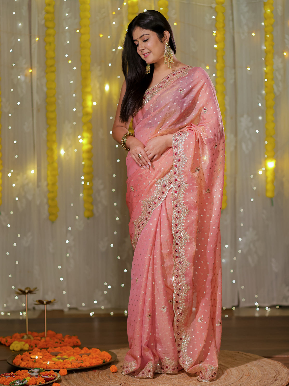 Tissue Sequin Saree With Scallop Border- Peach