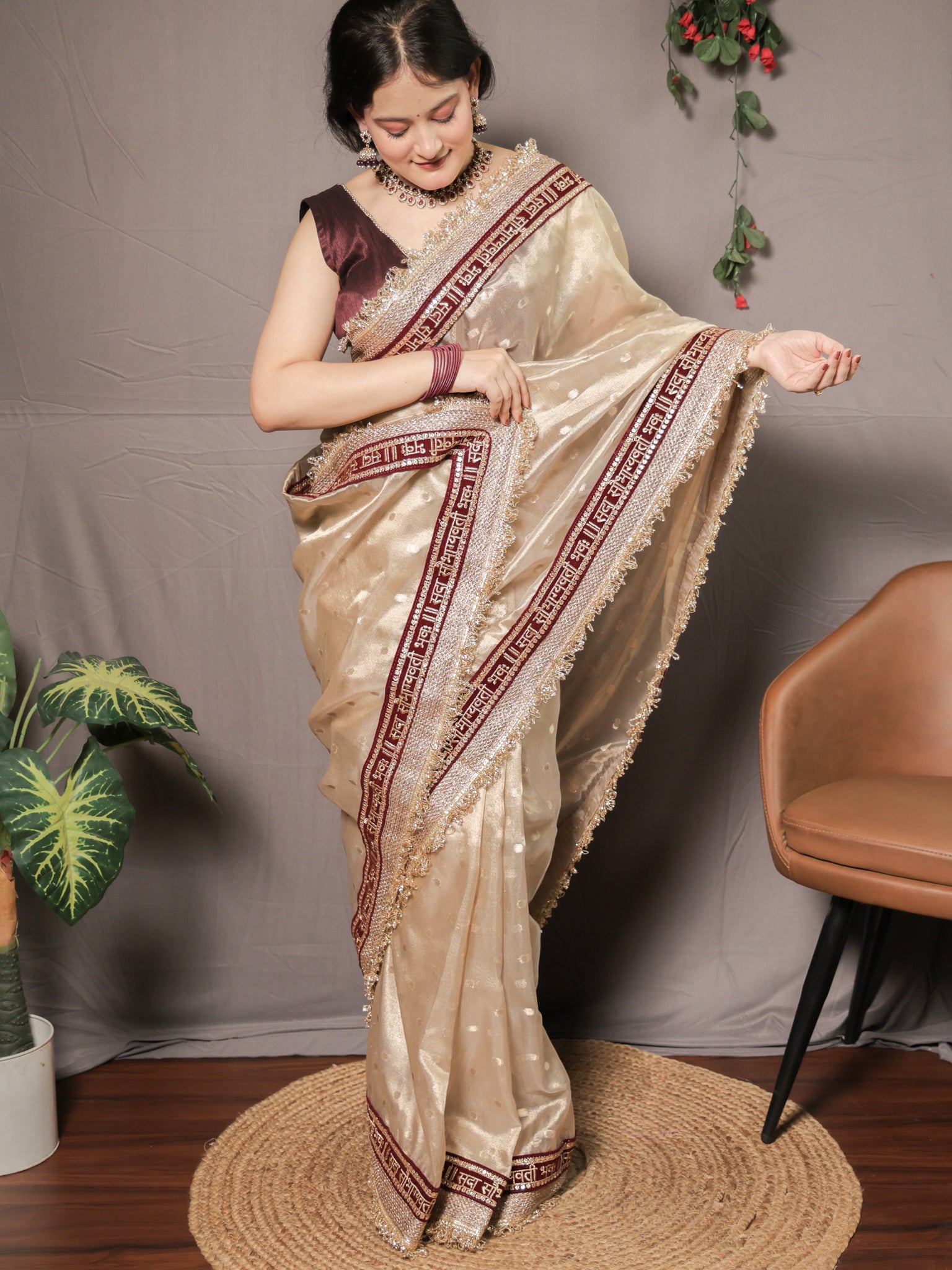 Banarasi Tissue Saree With Zari Weaving & Lace Border - Beige