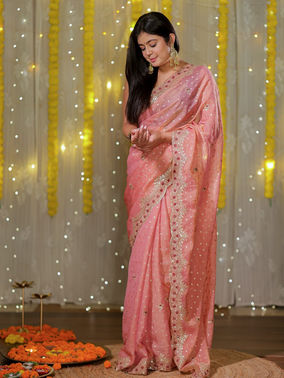 Tissue Sequin Saree With Scallop Border- Peach