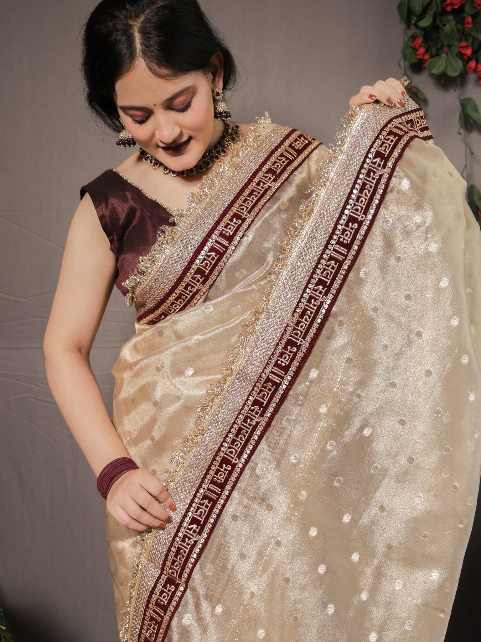 Banarasi Tissue Saree With Zari Weaving & Lace Border - Beige