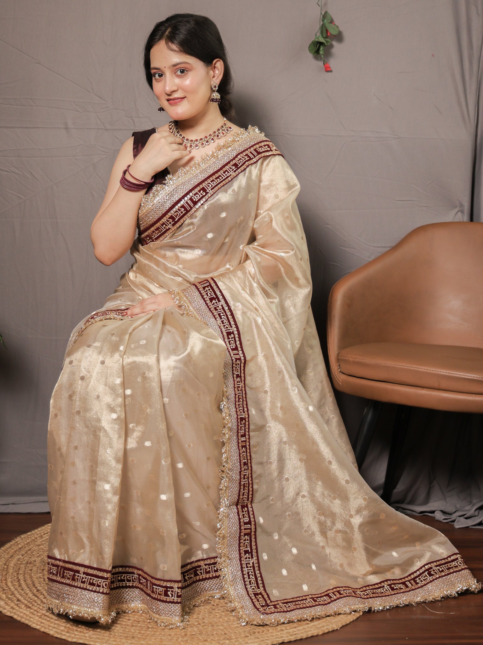 Banarasi Tissue Saree With Zari Weaving & Lace Border - Beige