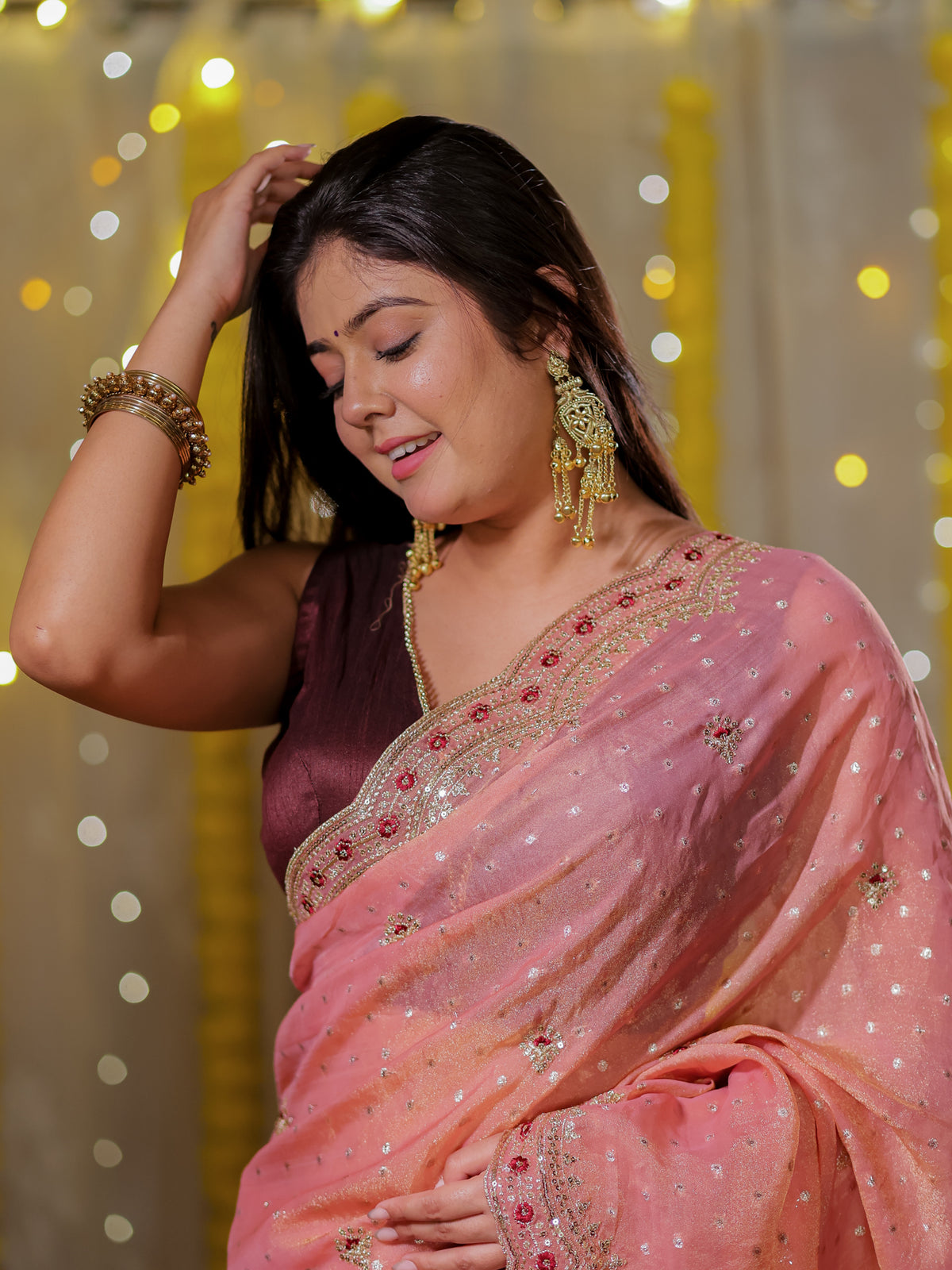 Tissue Sequin Saree With Scallop Border- Peach