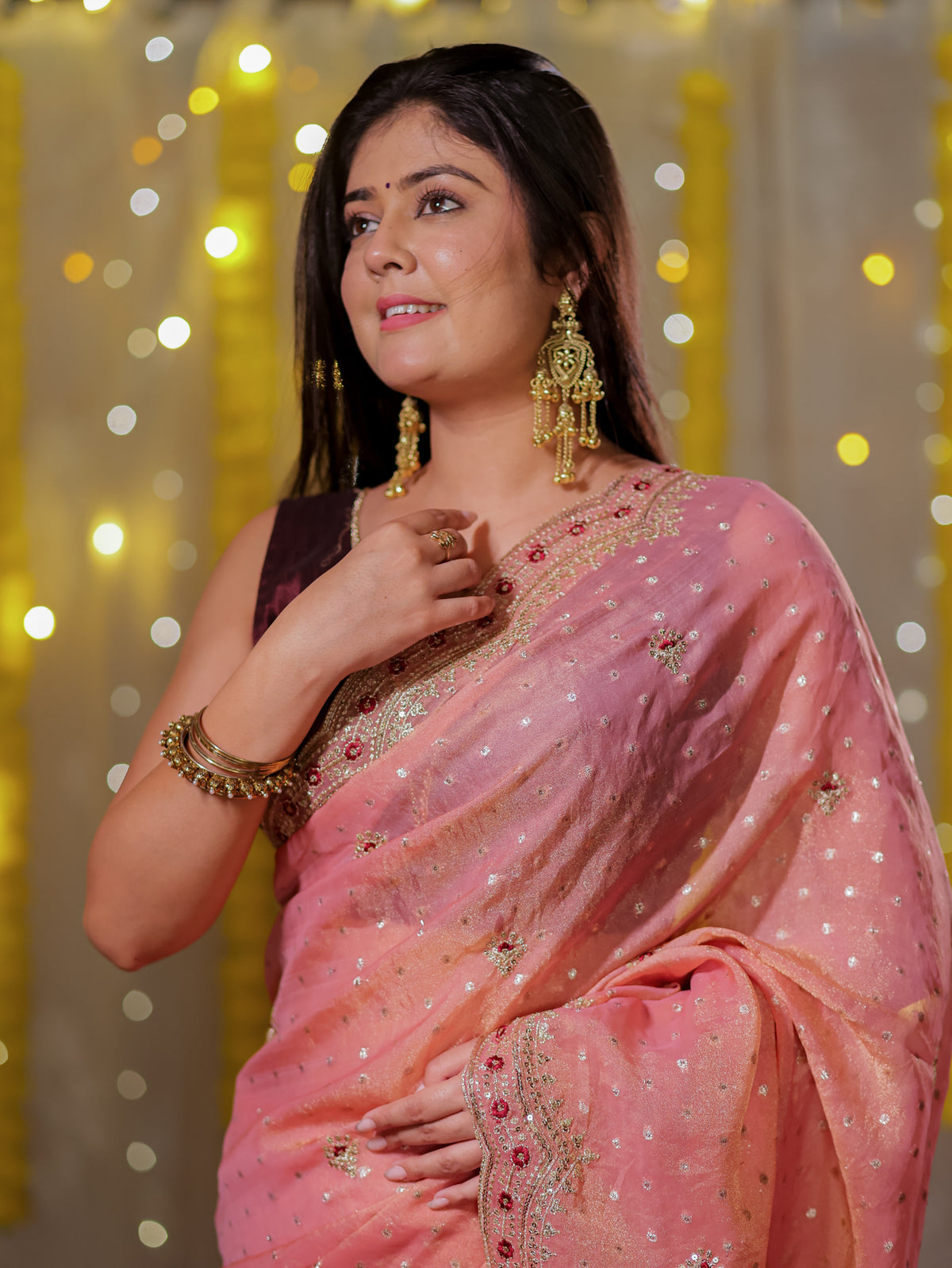 Tissue Sequin Saree With Scallop Border- Peach