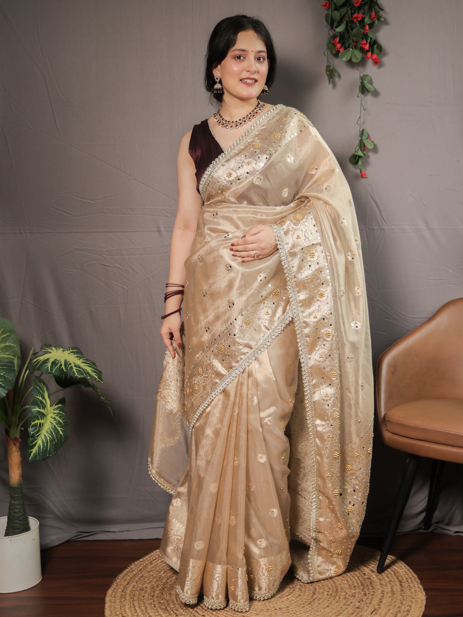Banarasi Mirror Work Tissue Saree with Lace Border - Beige