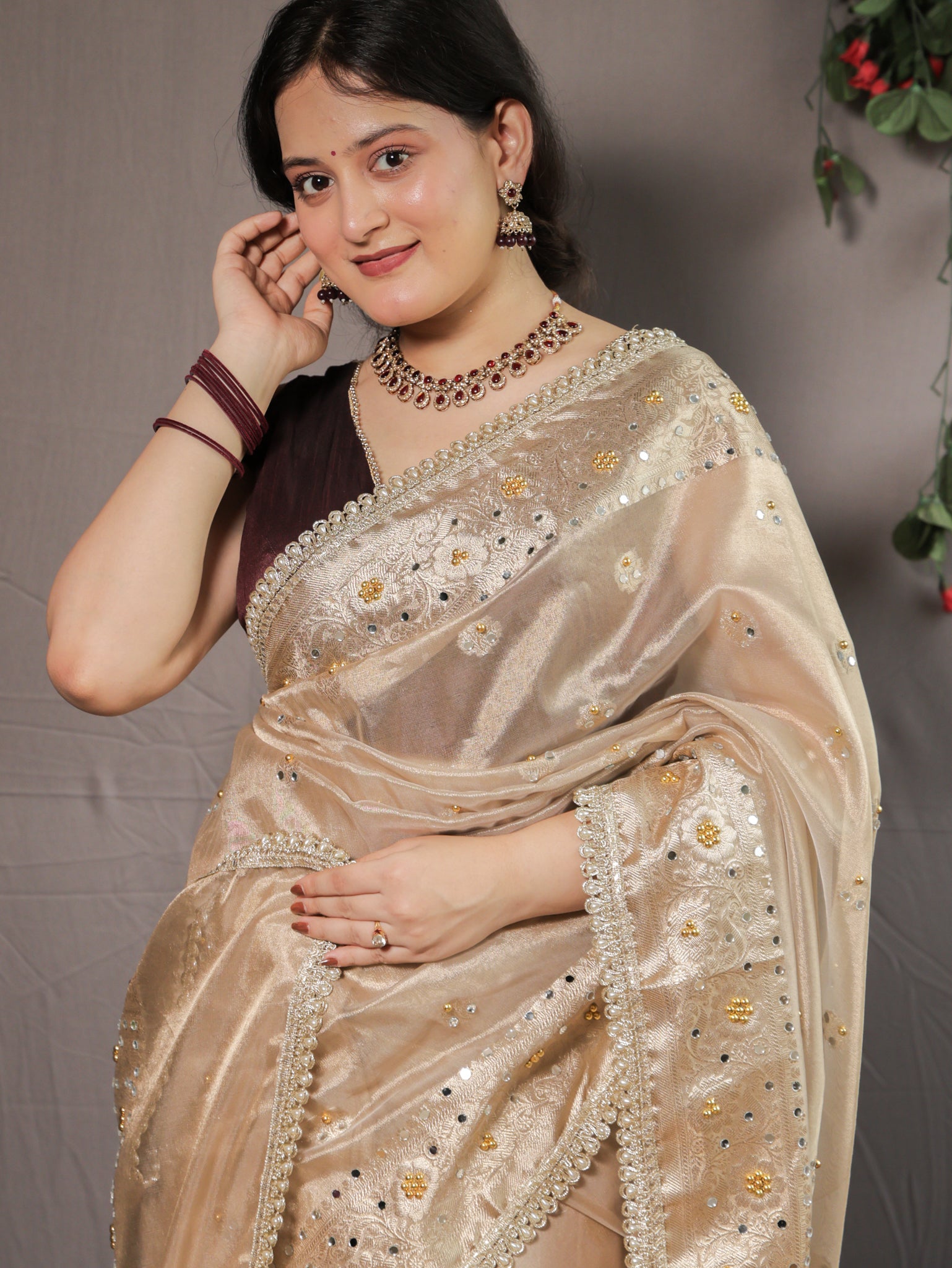 Banarasi Mirror Work Tissue Saree with Lace Border - Beige
