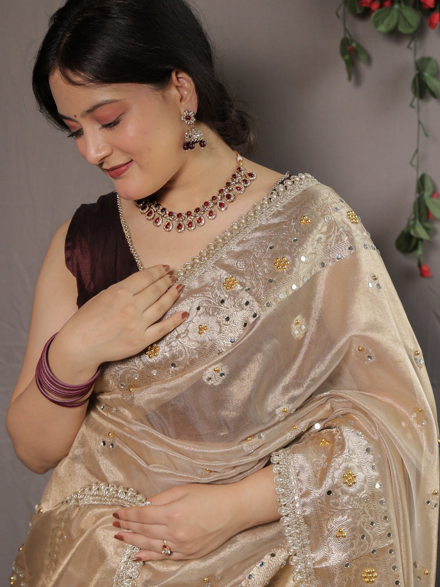 Banarasi Mirror Work Tissue Saree with Lace Border - Beige