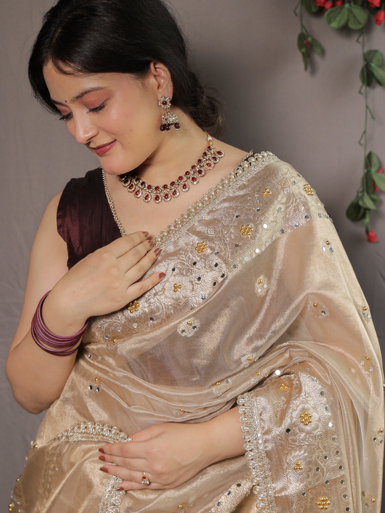 Banarasi Mirror Work Tissue Saree with Lace Border - Beige