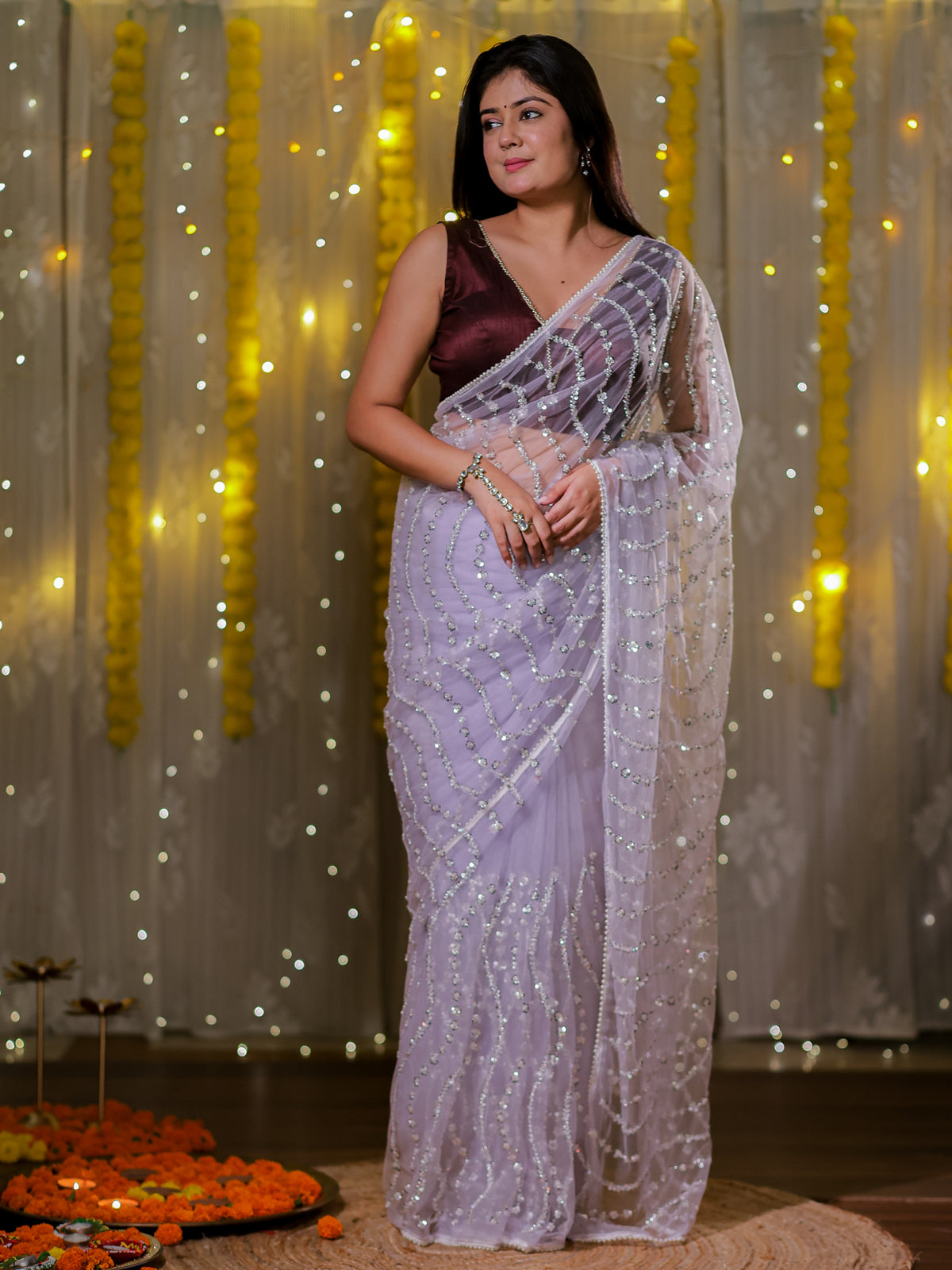 Lilac Net Sequin Embriodered Saree