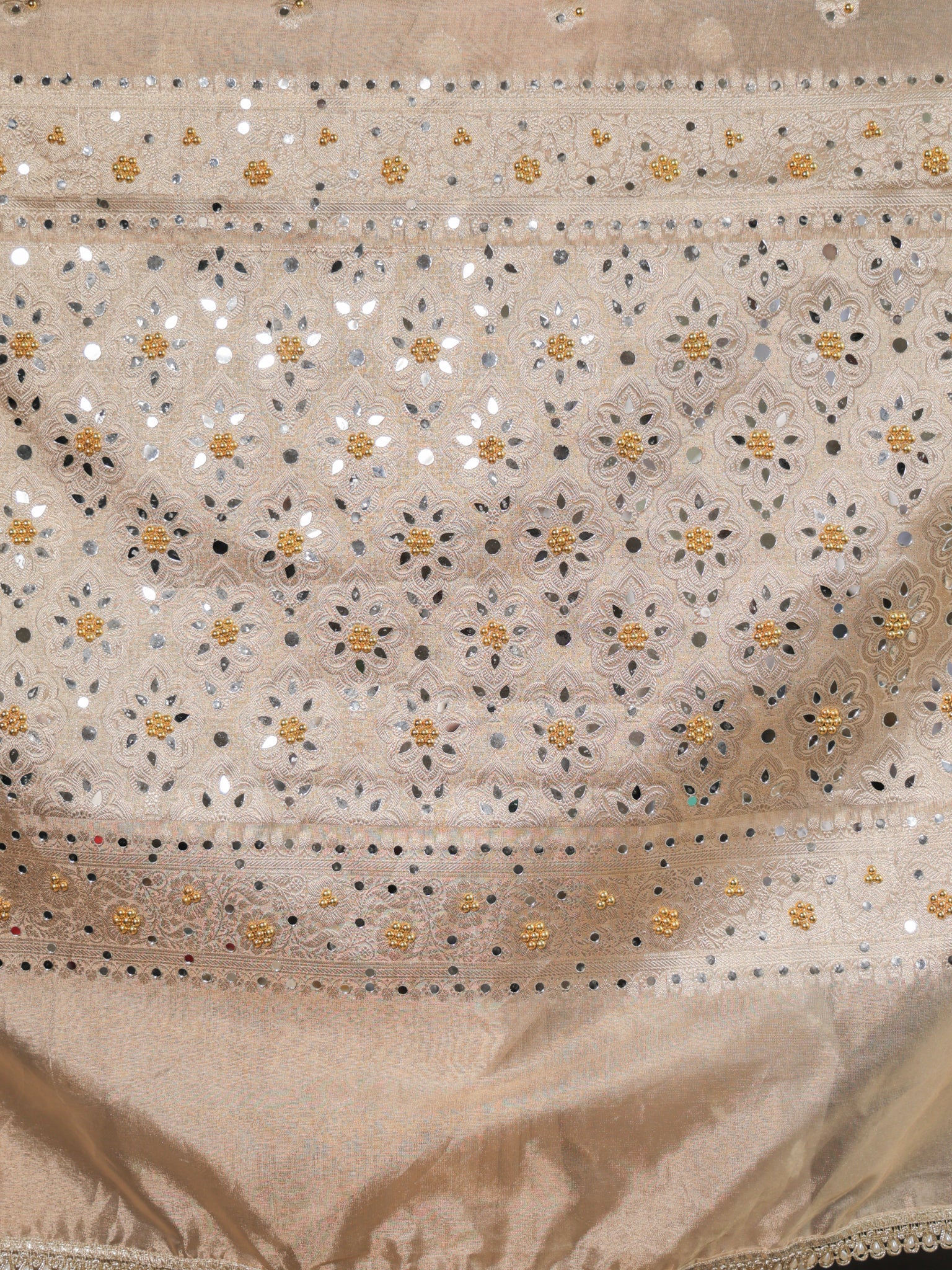 Banarasi Mirror Work Tissue Saree with Lace Border - Beige