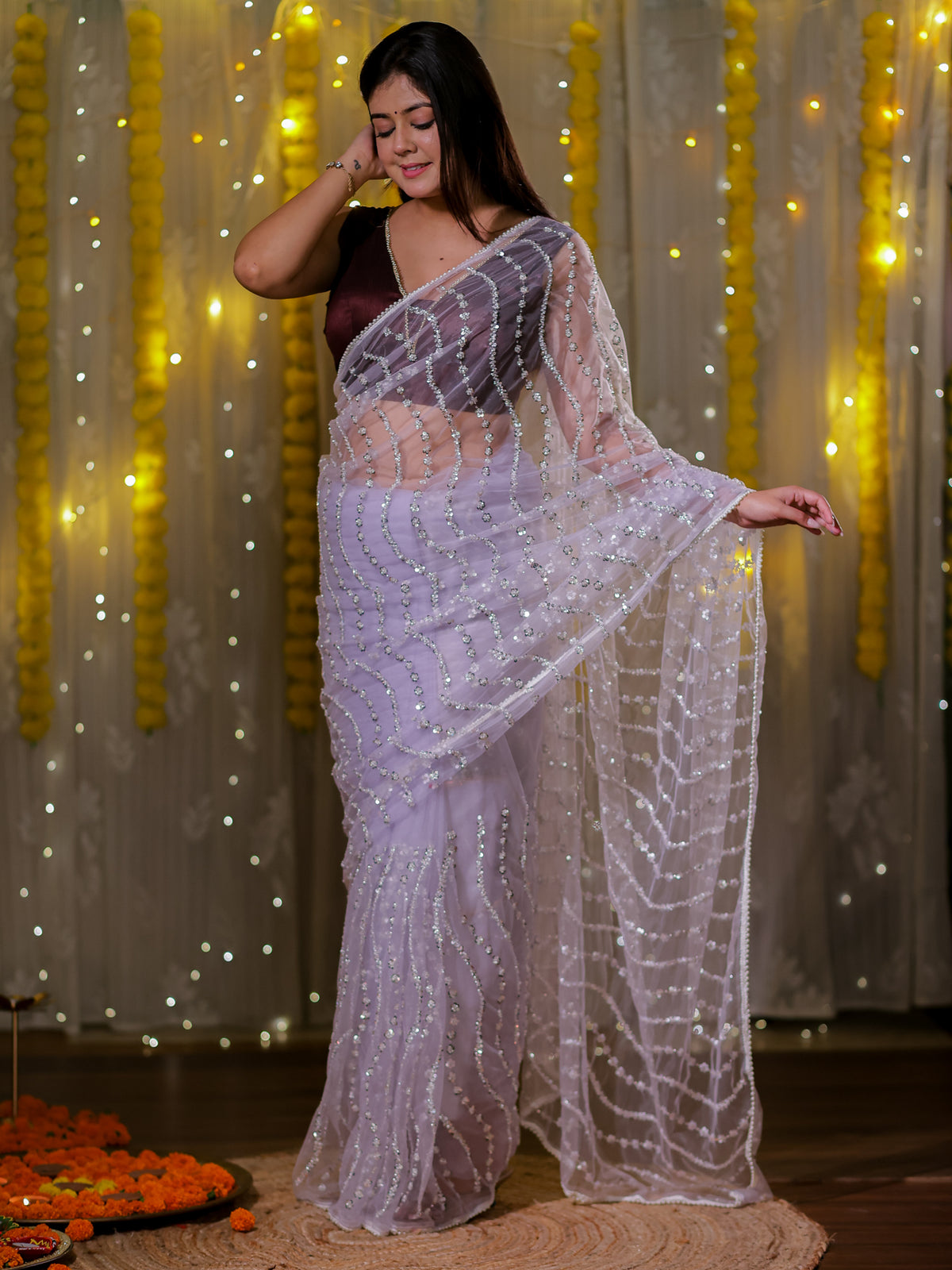 Lilac Net Sequin Embriodered Saree