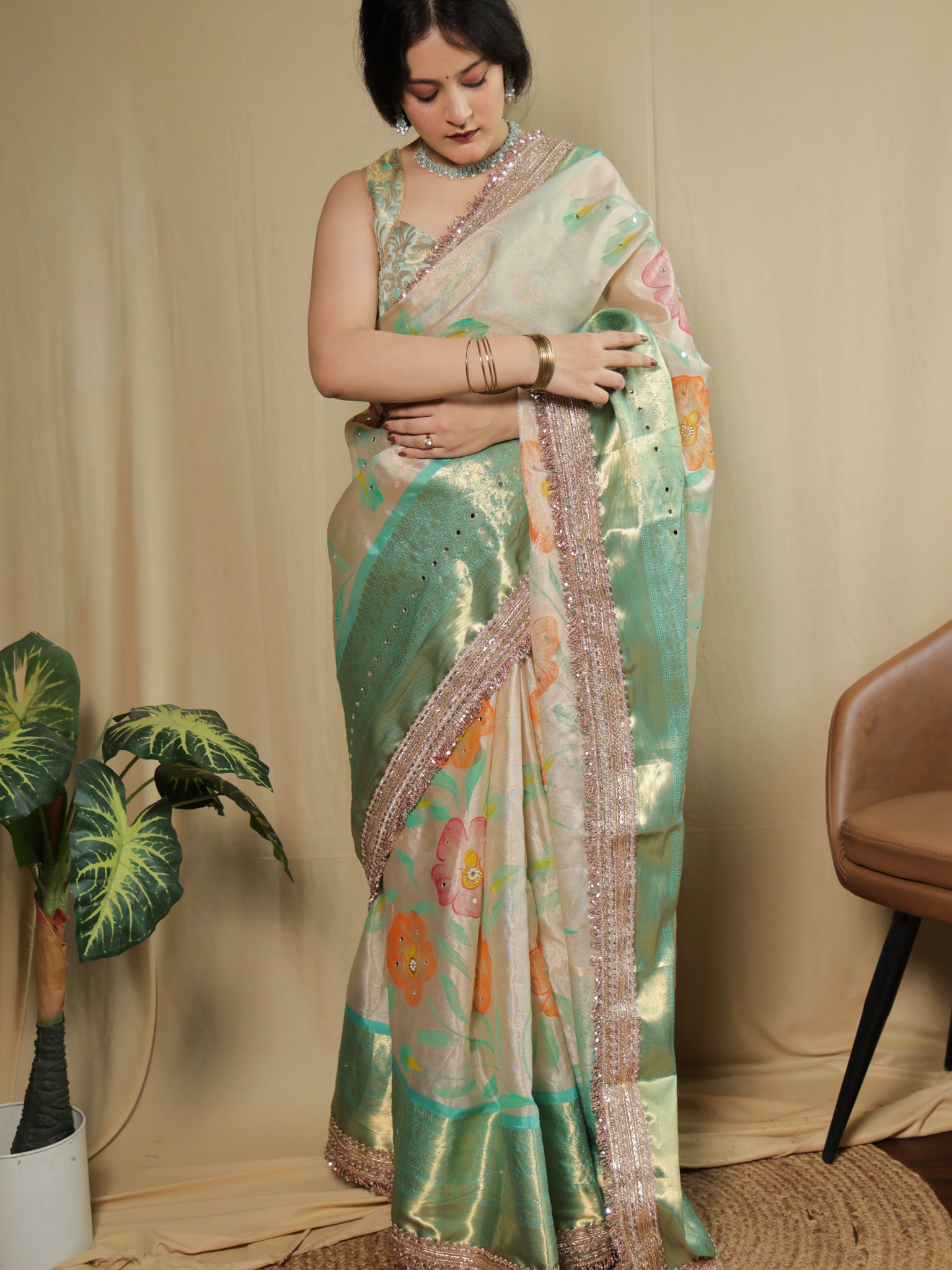 Banarasi Floral Tissue Saree with Lace Border- Off white & Green