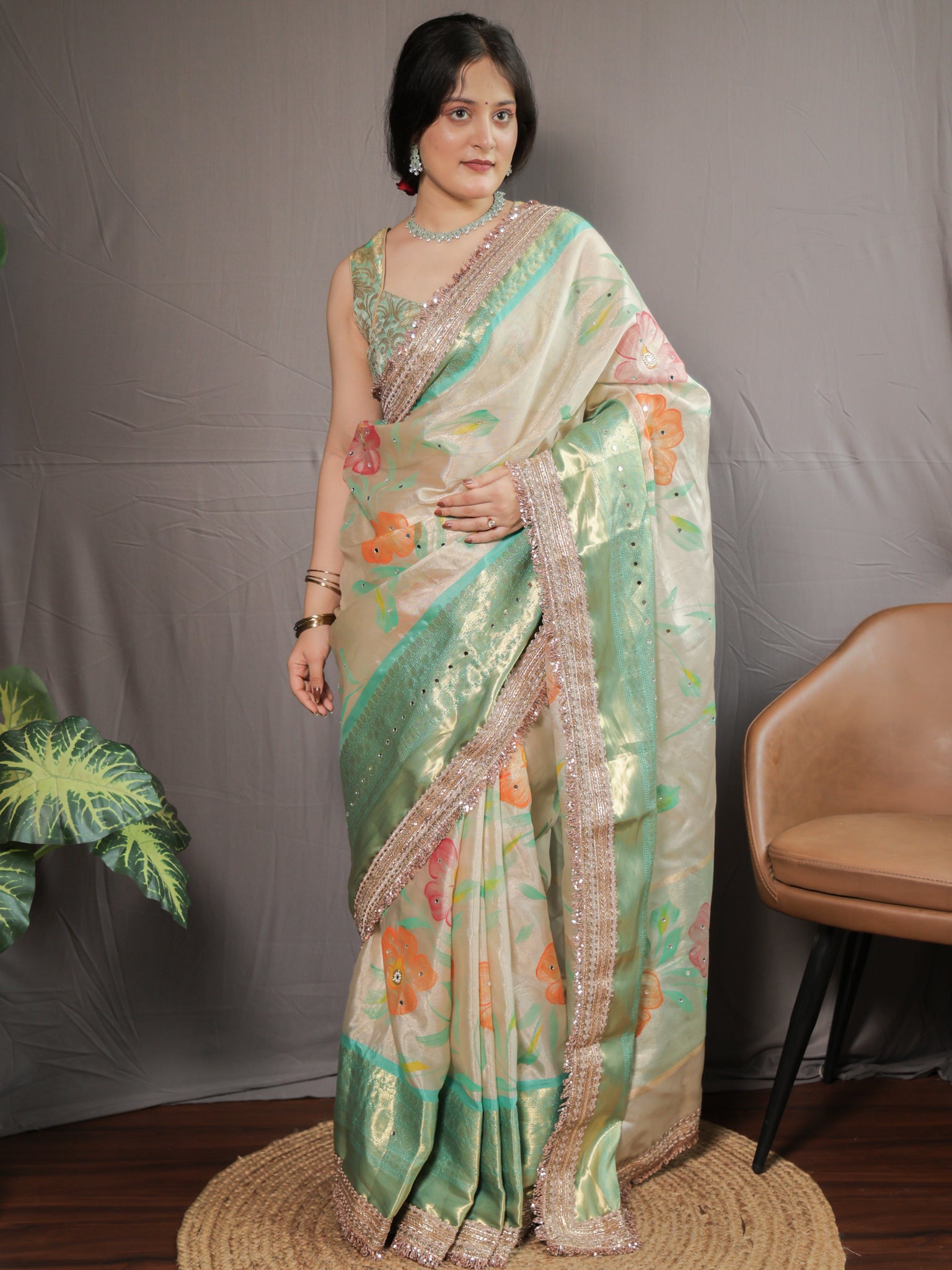 Banarasi Floral Tissue Saree with Lace Border- Off white & Green