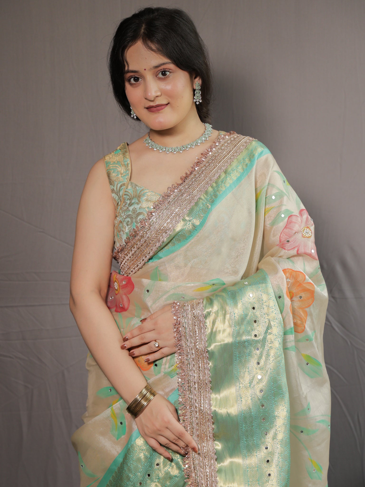 Banarasi Floral Tissue Saree with Lace Border- Off white & Green