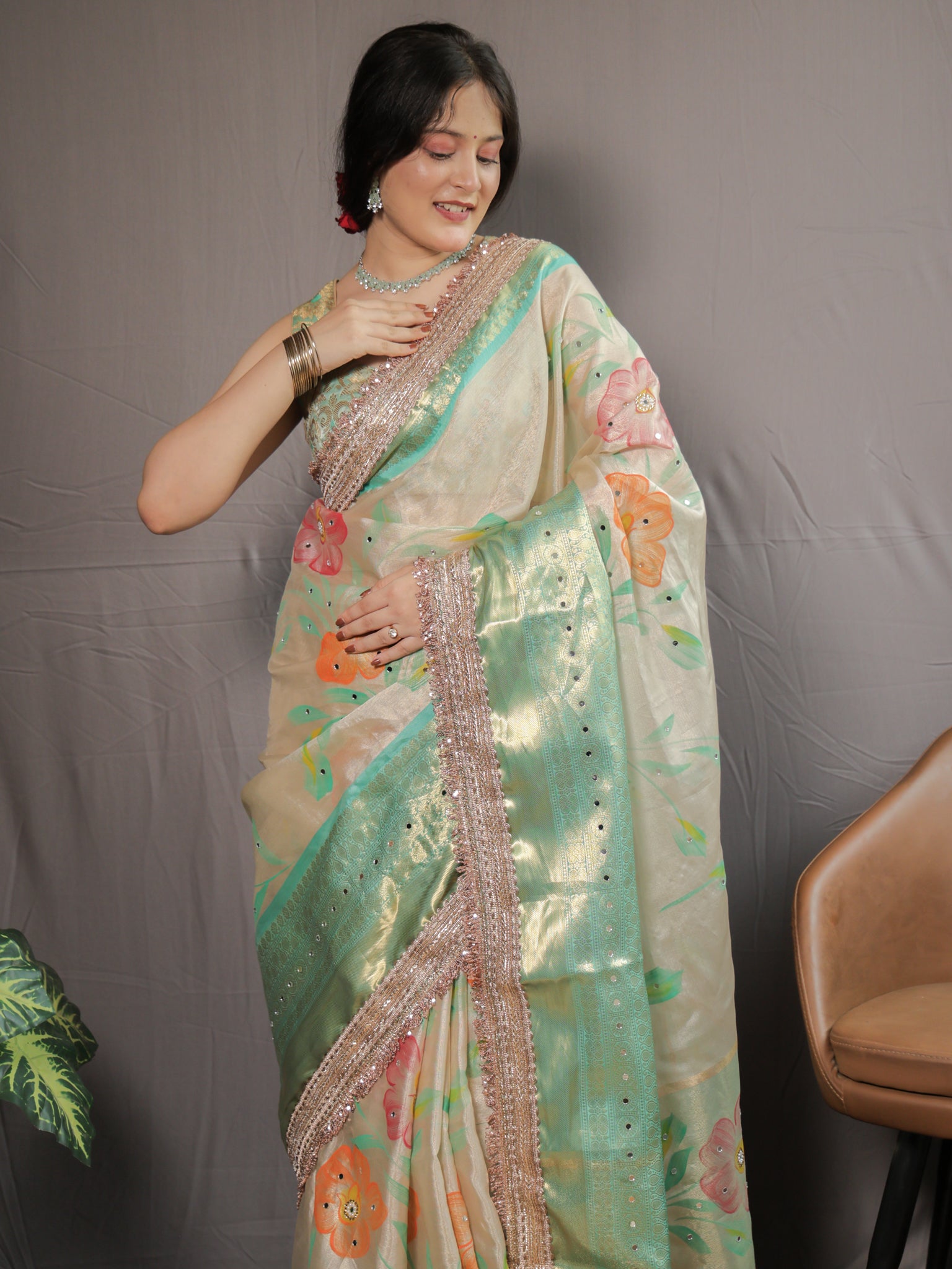 Banarasi Floral Tissue Saree with Lace Border- Off white & Green