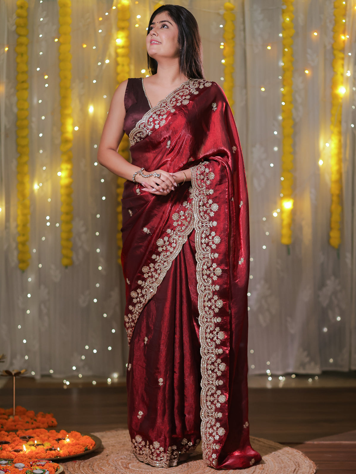 Tissue Sequin Saree With Scallop Border- Maroon