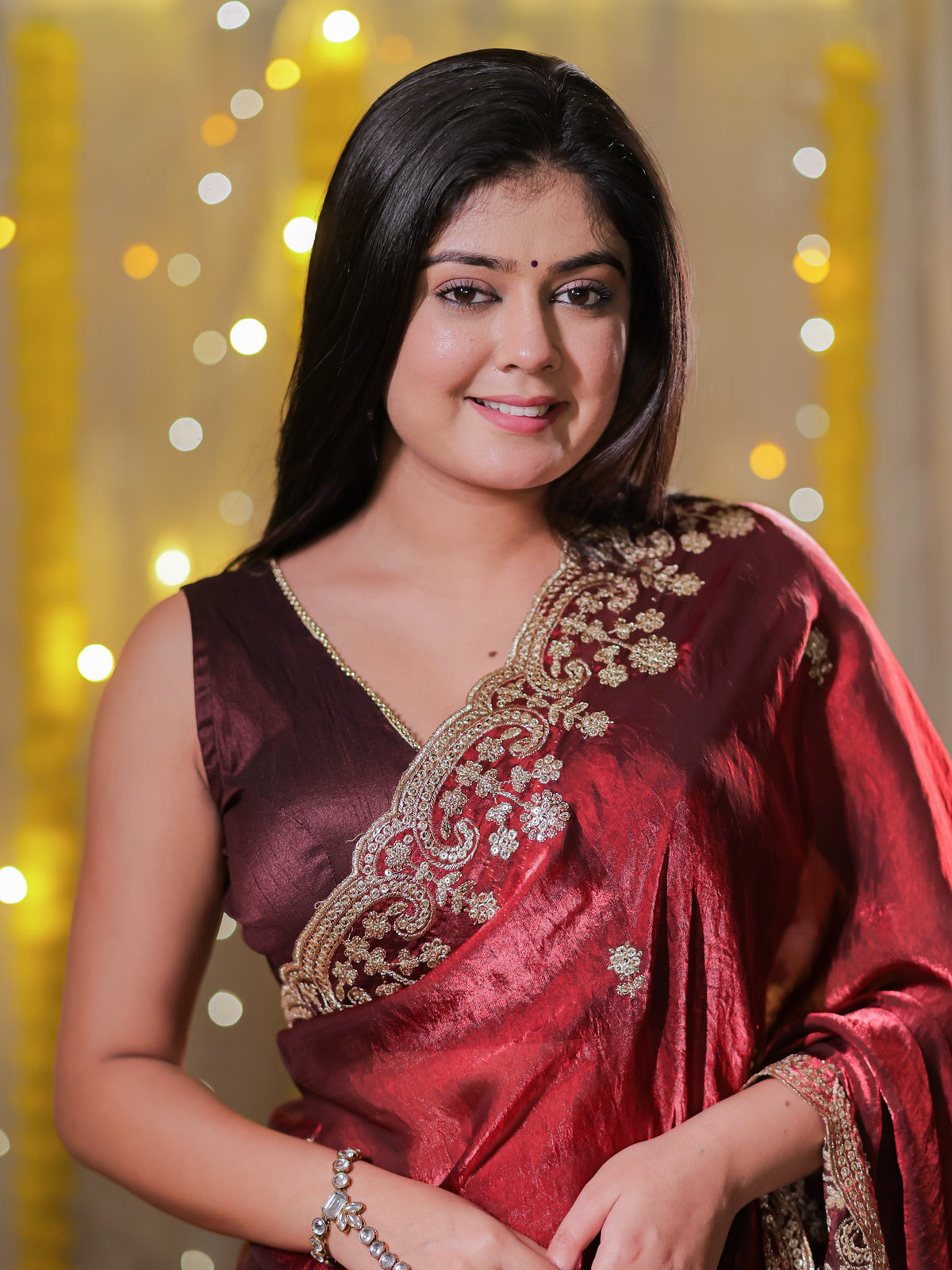 Tissue Sequin Saree With Scallop Border- Maroon