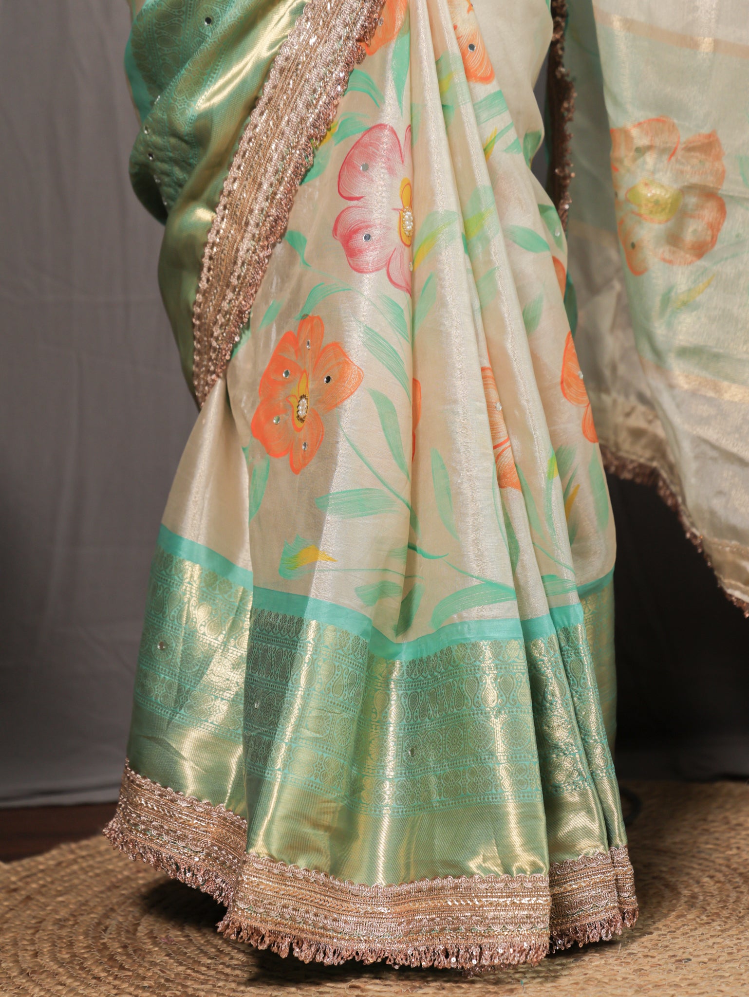 Banarasi Floral Tissue Saree with Lace Border- Off white & Green