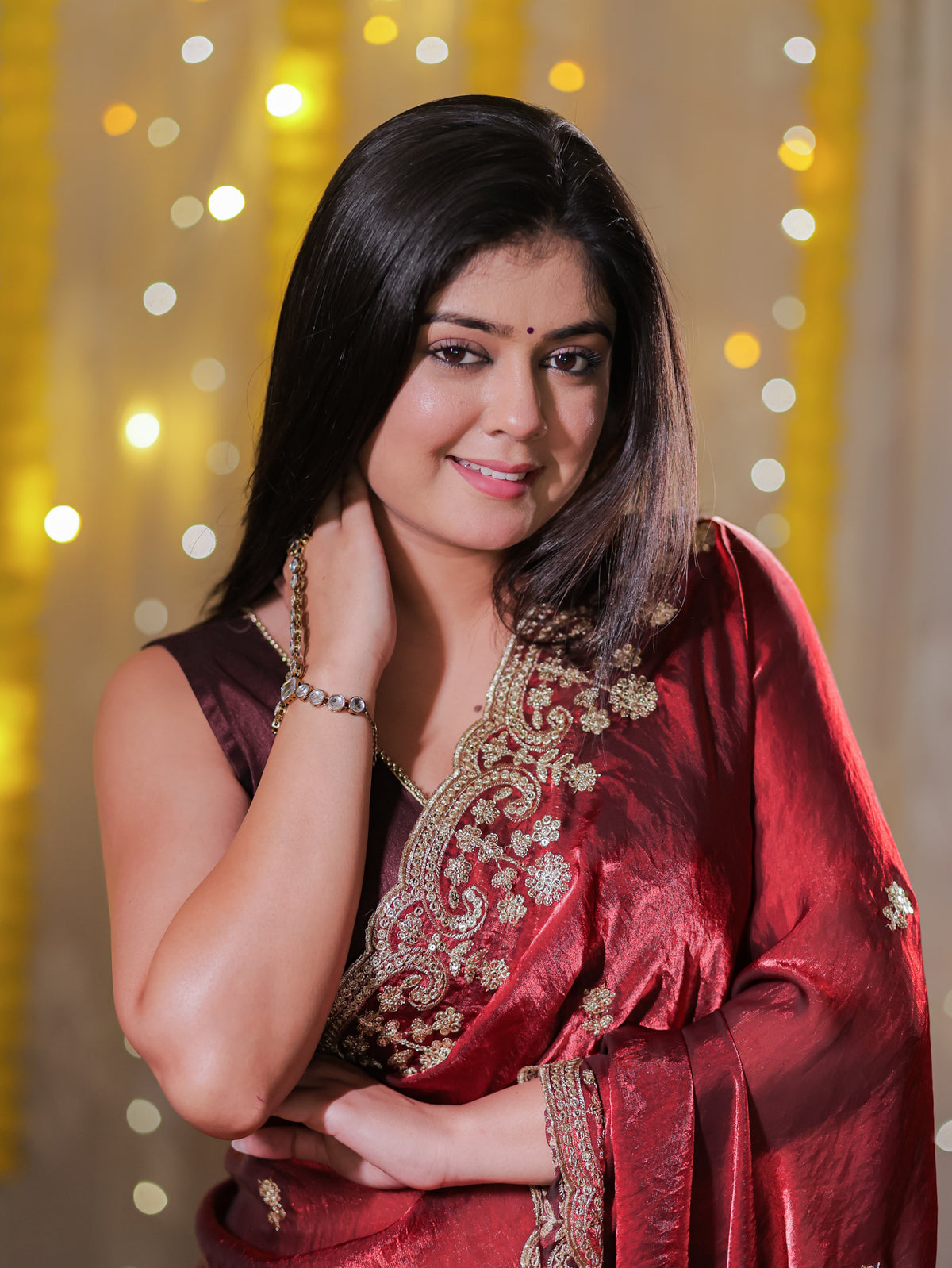 Tissue Sequin Saree With Scallop Border- Maroon