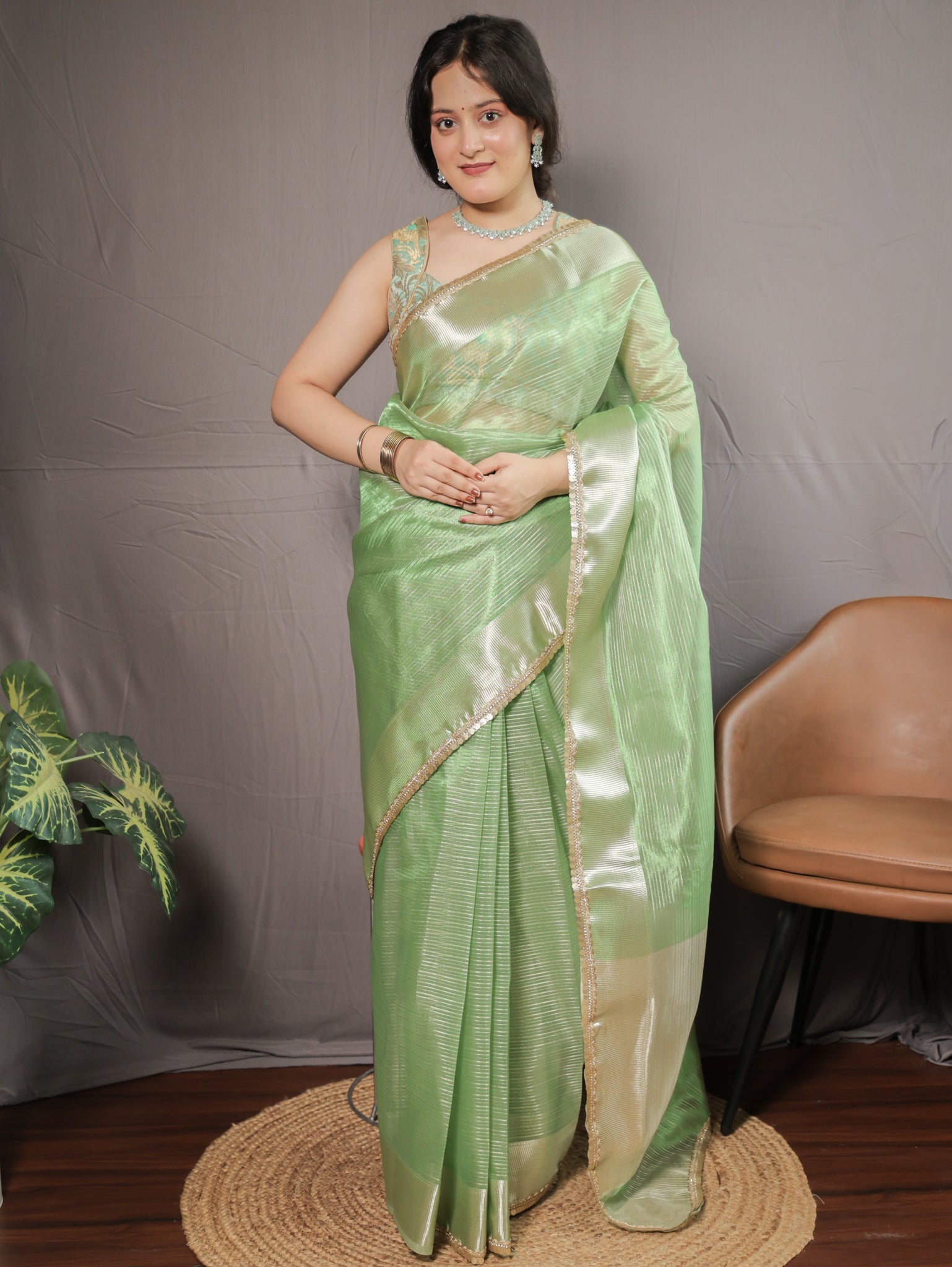 Banarasi Tissue Saree with Lace Border- Green