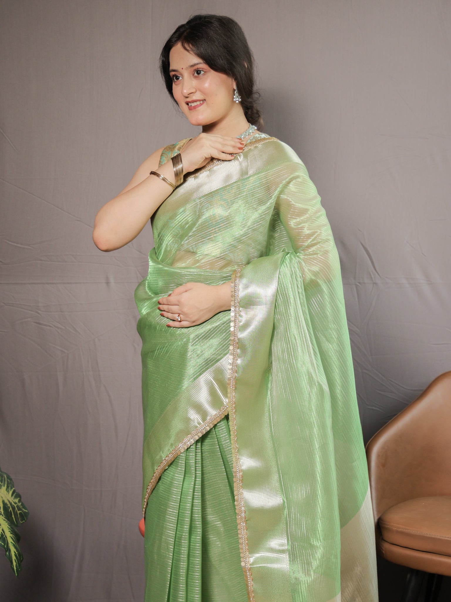 Banarasi Tissue Saree with Lace Border- Green