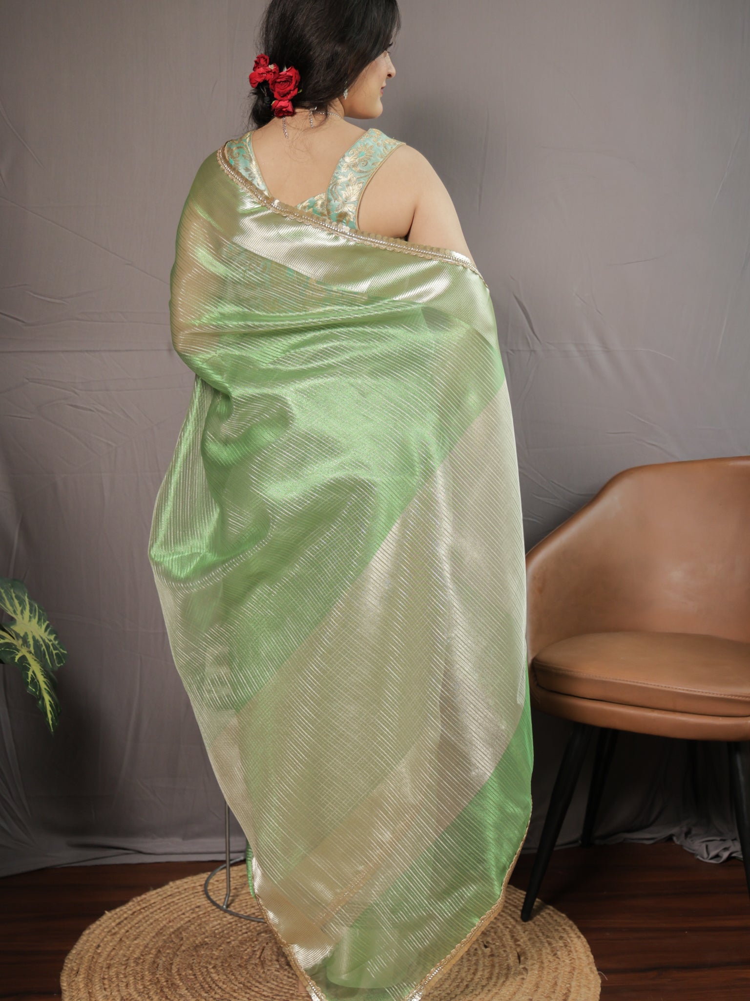Banarasi Tissue Saree with Lace Border- Green