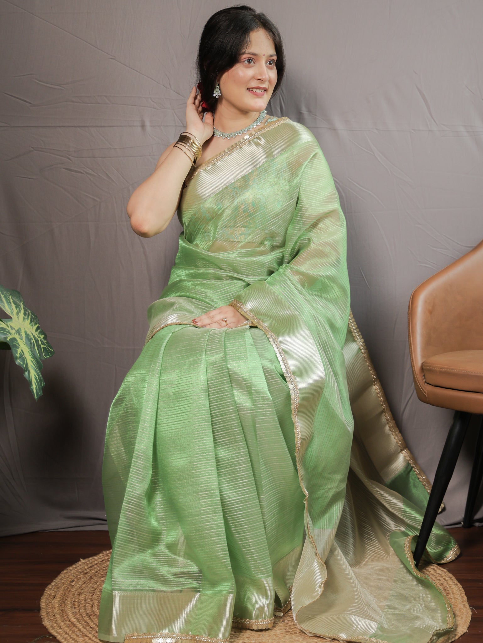 Banarasi Tissue Saree with Lace Border- Green
