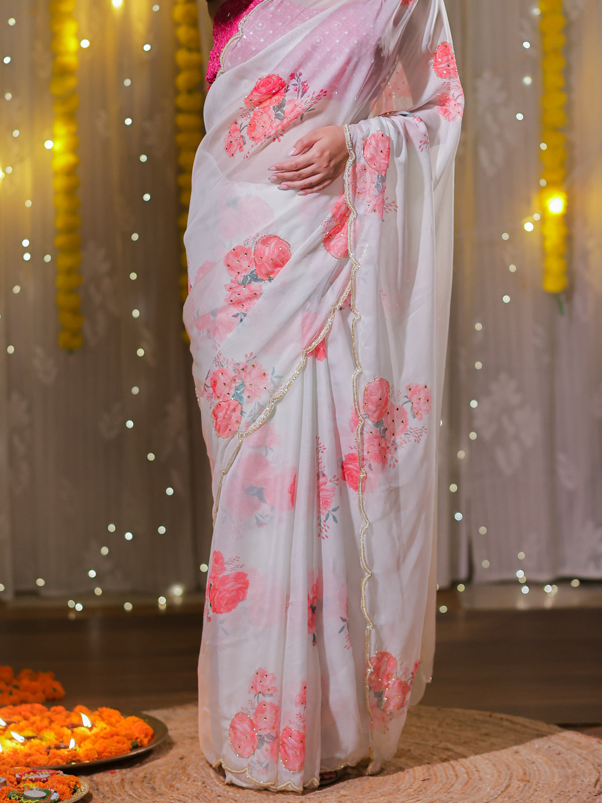 Semi Chiffon Floral Saree with Border - White