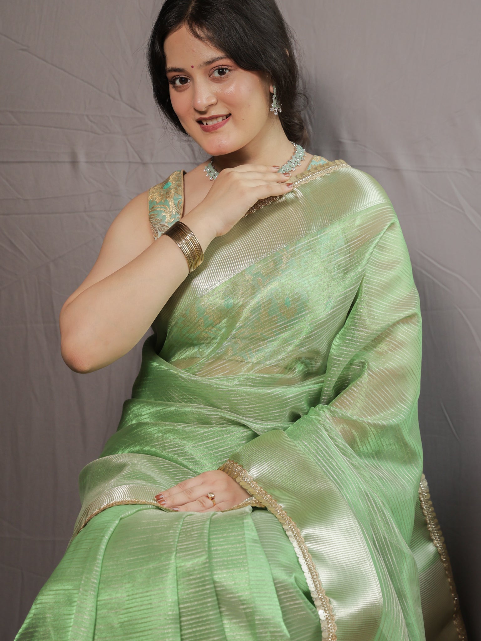 Banarasi Tissue Saree with Lace Border- Green