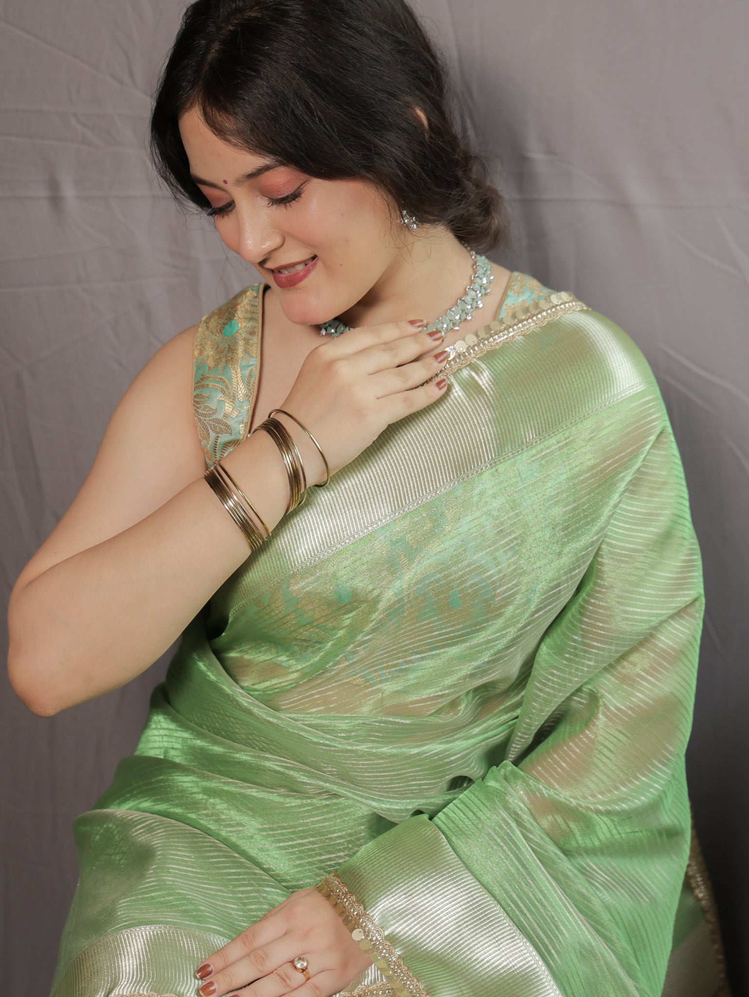 Banarasi Tissue Saree with Lace Border- Green