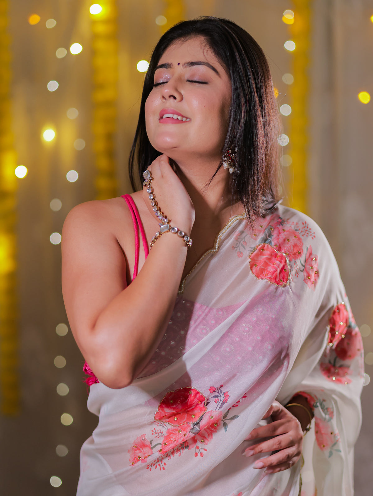 Semi Chiffon Floral Saree with Border - White