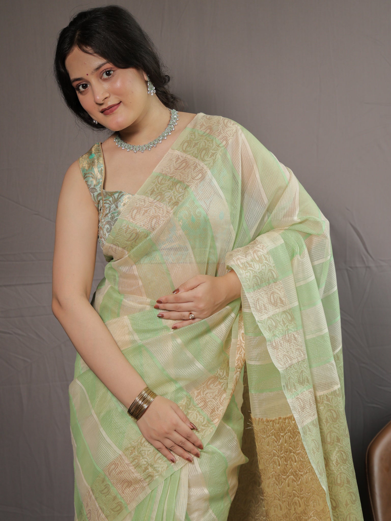 Banarasi Kota Check Saree with Resham Weaving Border- Green
