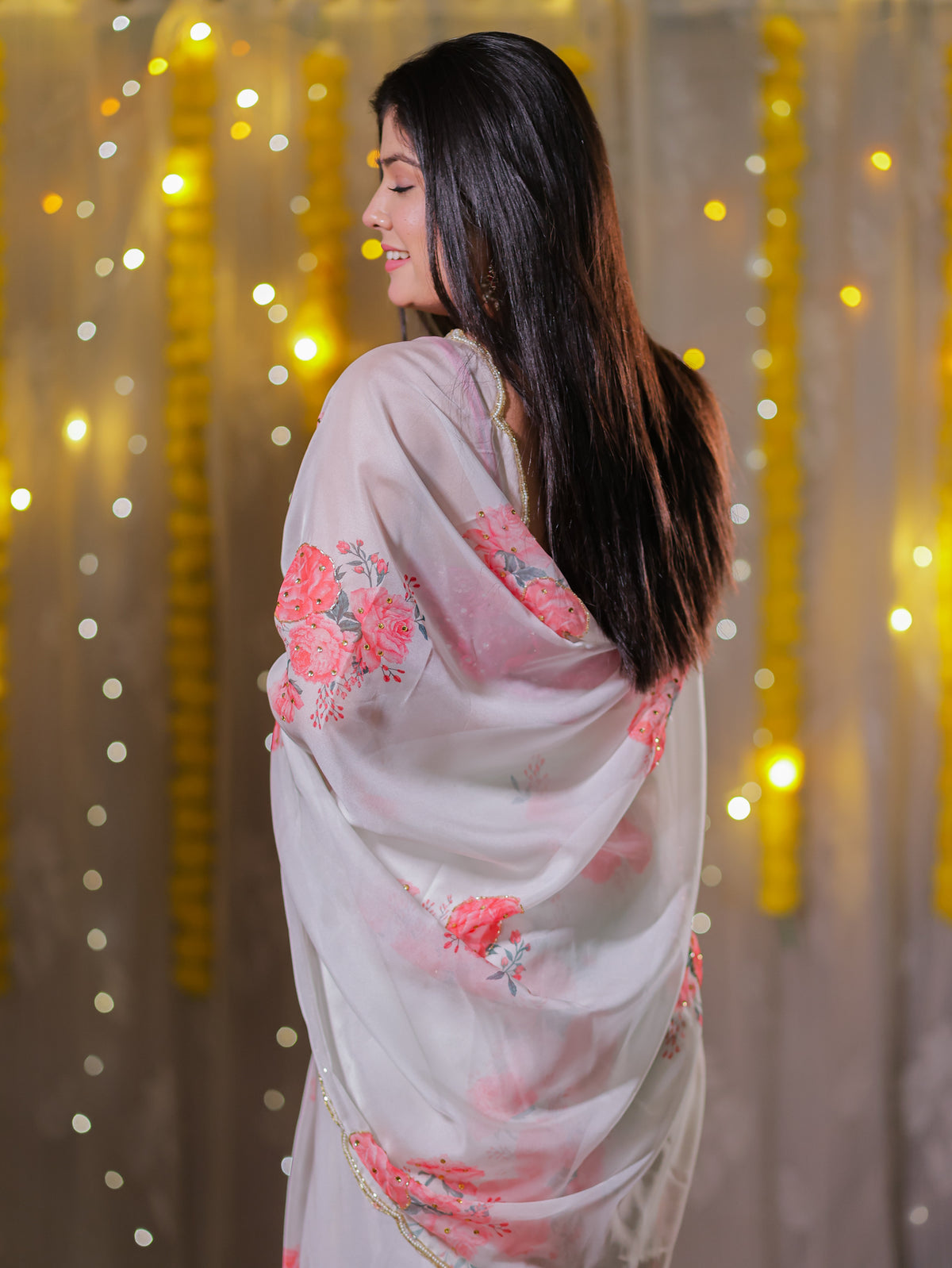 Semi Chiffon Floral Saree with Border - White