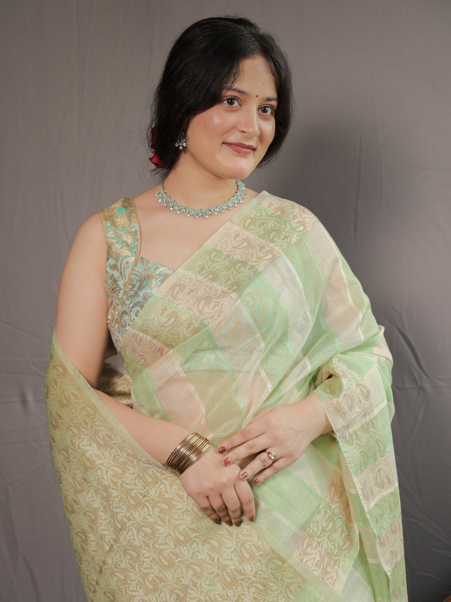 Banarasi Kota Check Saree with Resham Weaving Border- Green