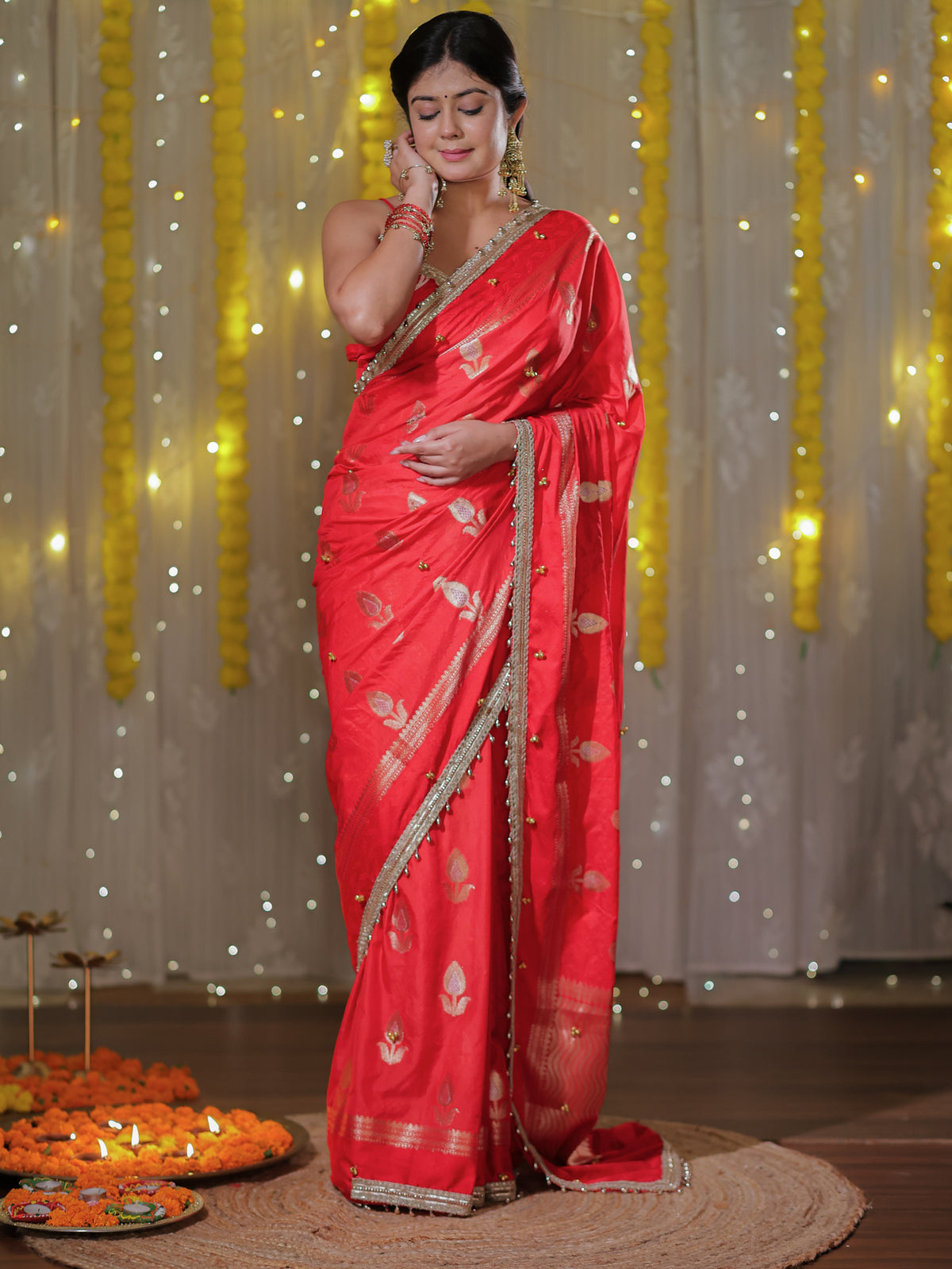 Banarasi Ghungroo Work Silk Saree with Lace Border - Red