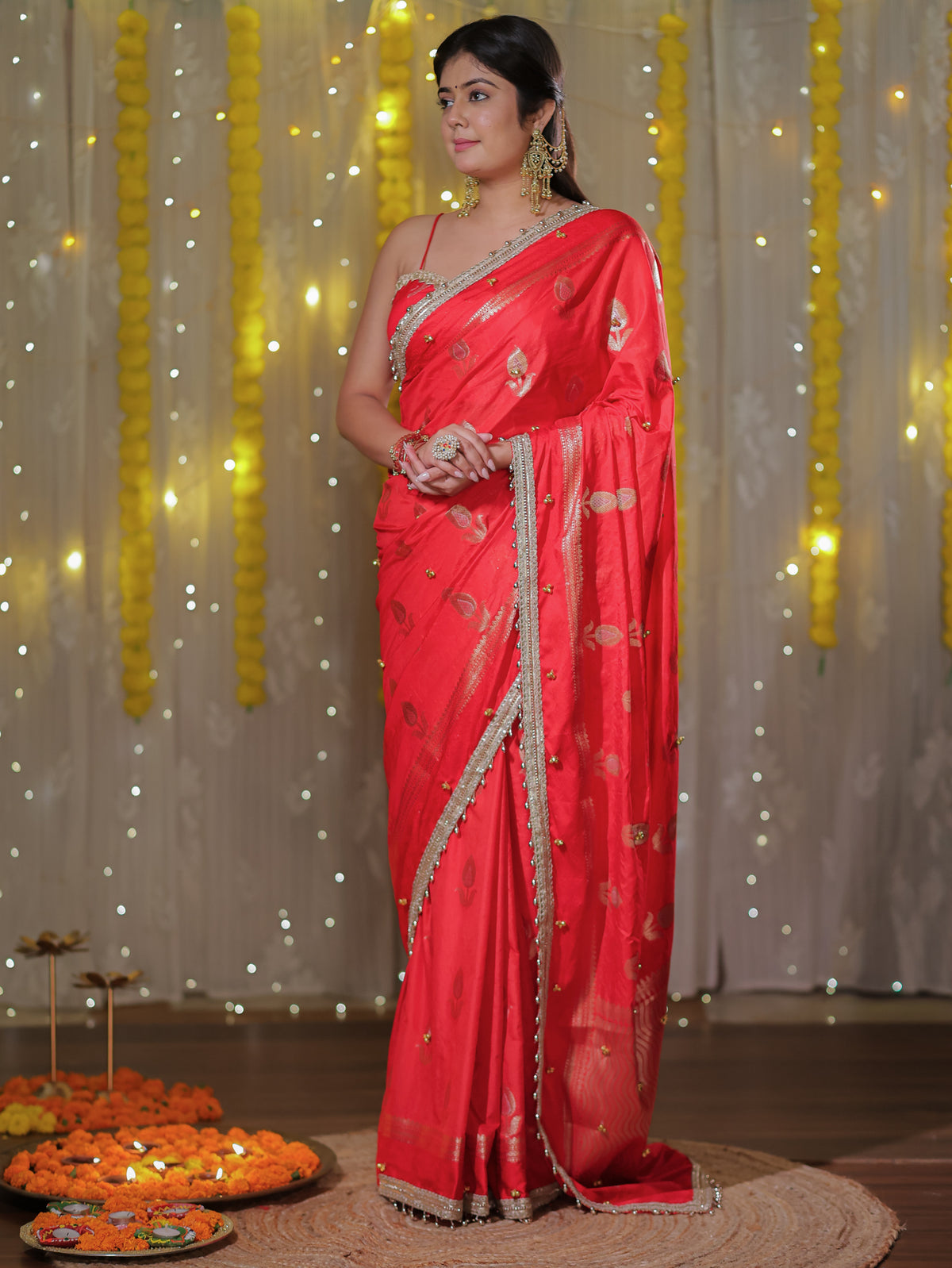 Banarasi Ghungroo Work Silk Saree with Lace Border - Red