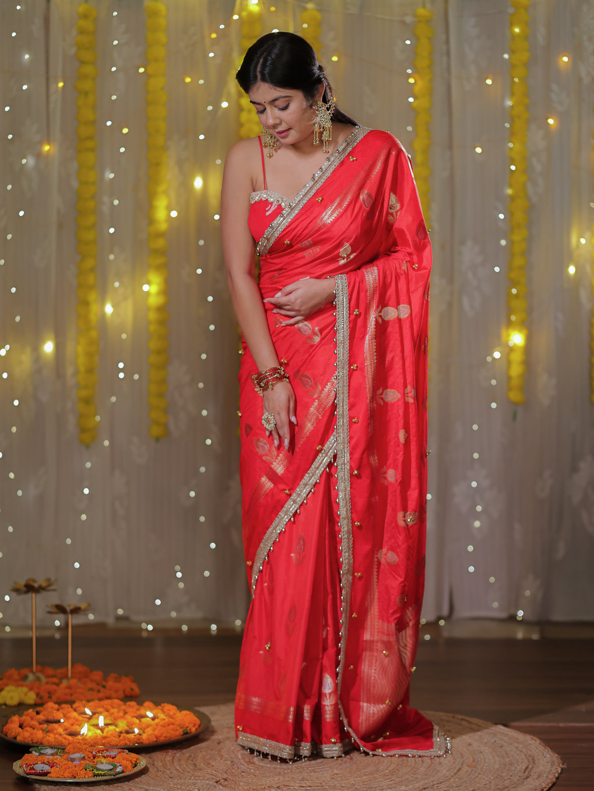 Banarasi Ghungroo Work Silk Saree with Lace Border - Red