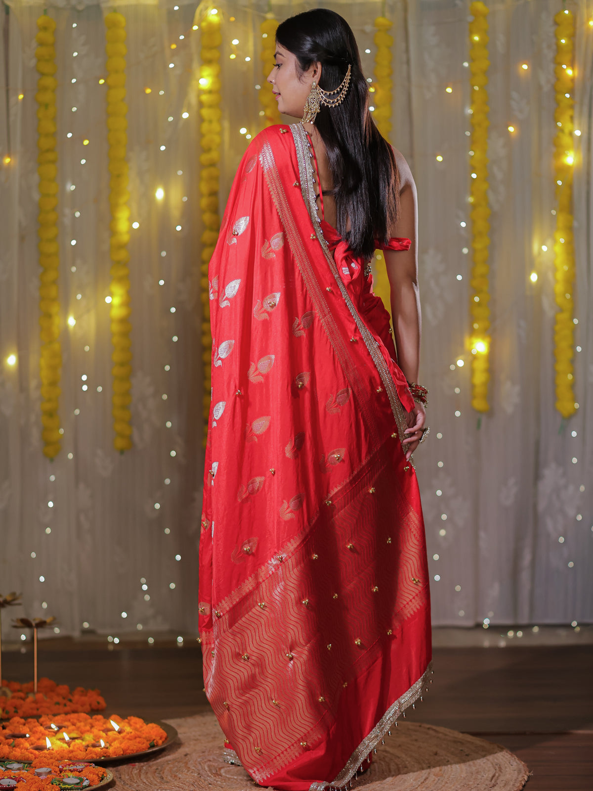 Banarasi Ghungroo Work Silk Saree with Lace Border - Red