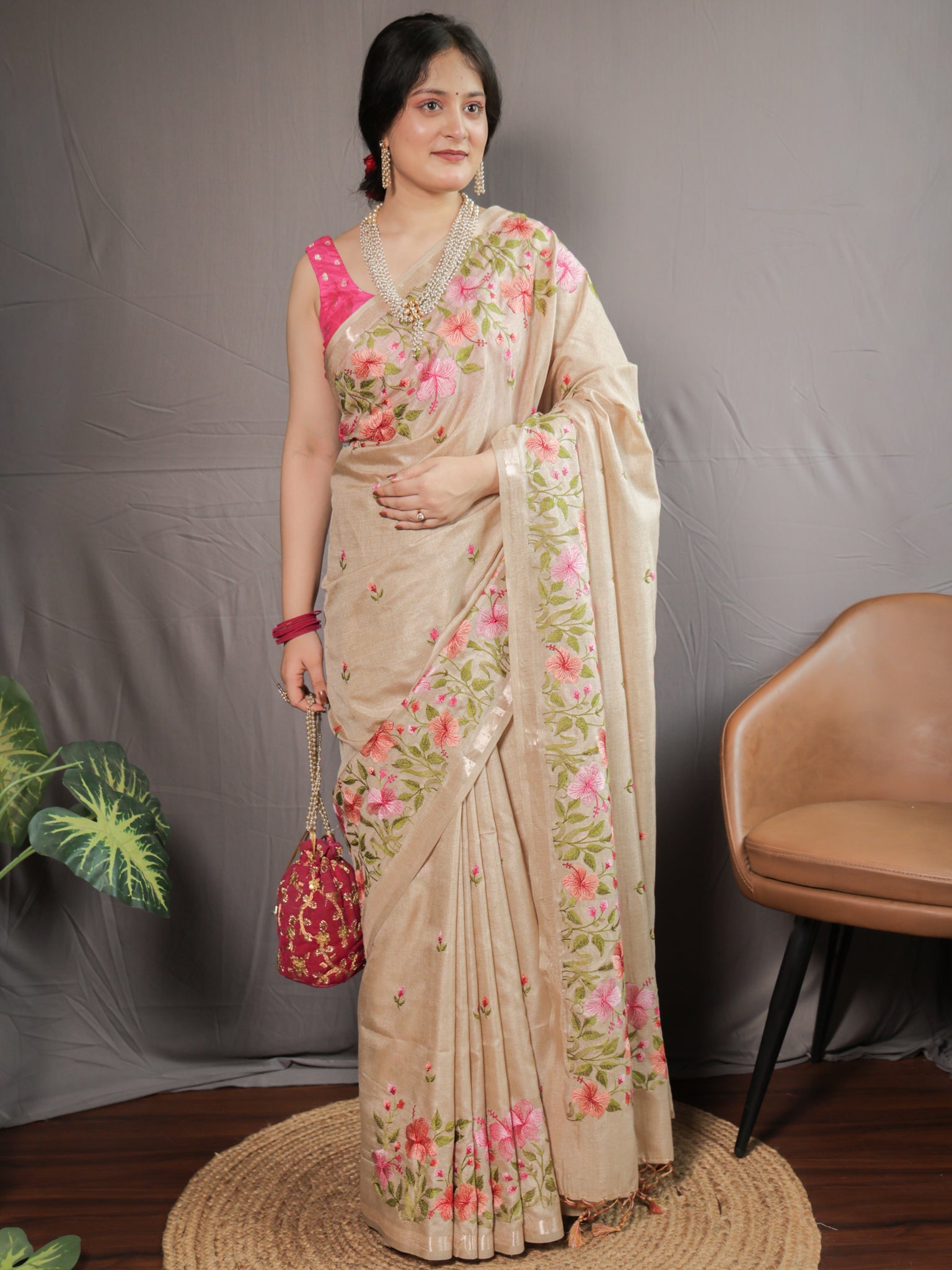 Floral Embroidered Tassar Silk Saree- Beige