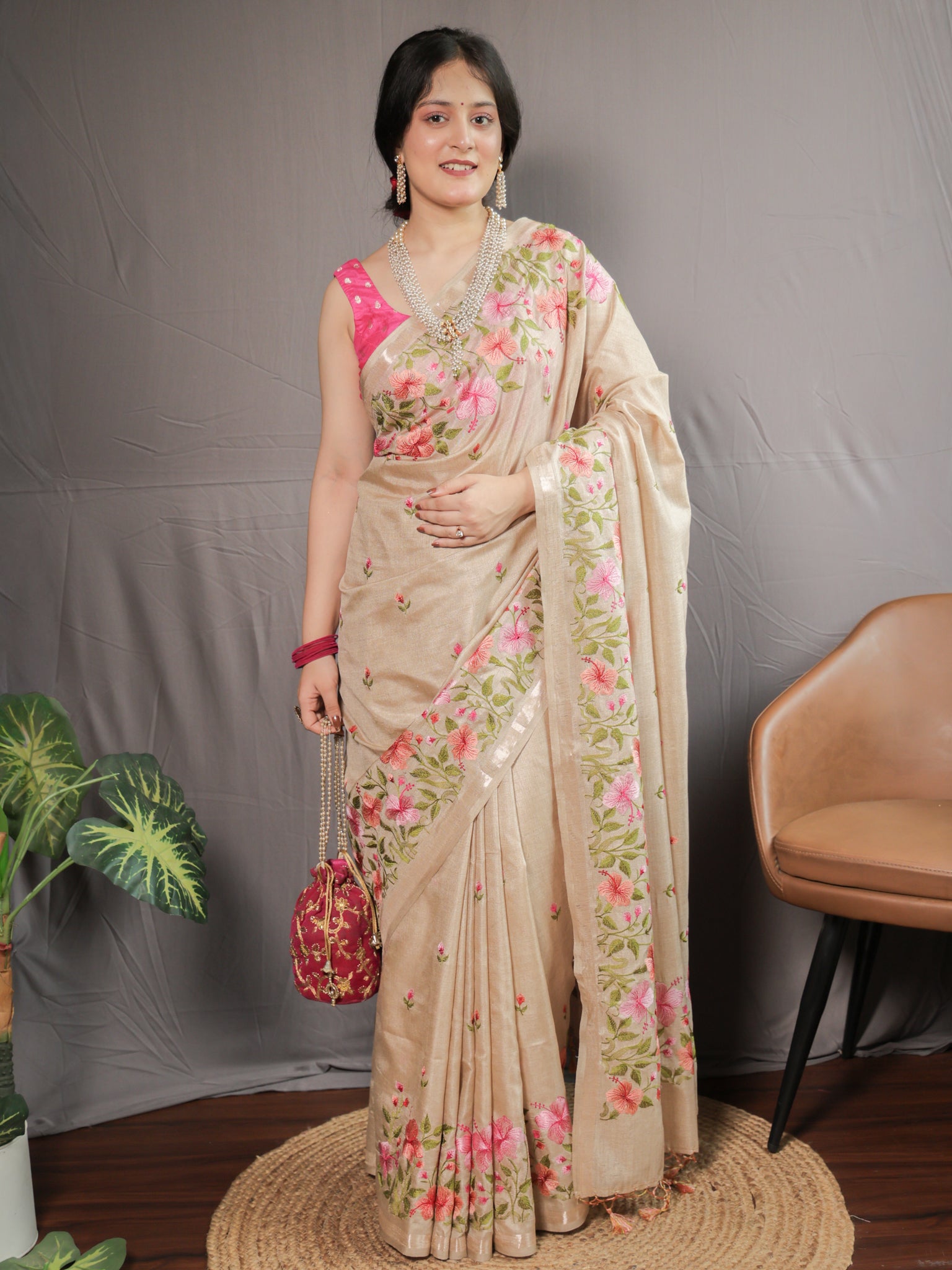 Floral Embroidered Tassar Silk Saree- Beige
